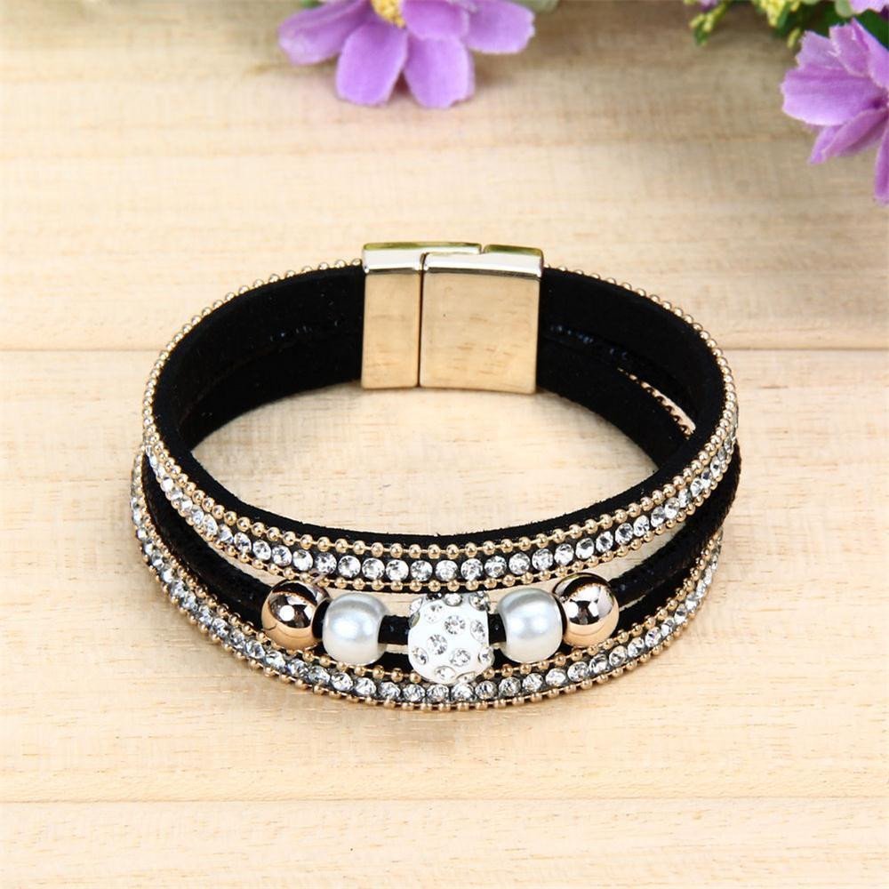 Johtae Women's Multilayer Bangle Bracelet - Crystal Beaded Leather Magnetic Wristband, Adjustable Black String Bracelets (One Size) | Perfect for Casual Wear, Office Accessories & Gift Giving