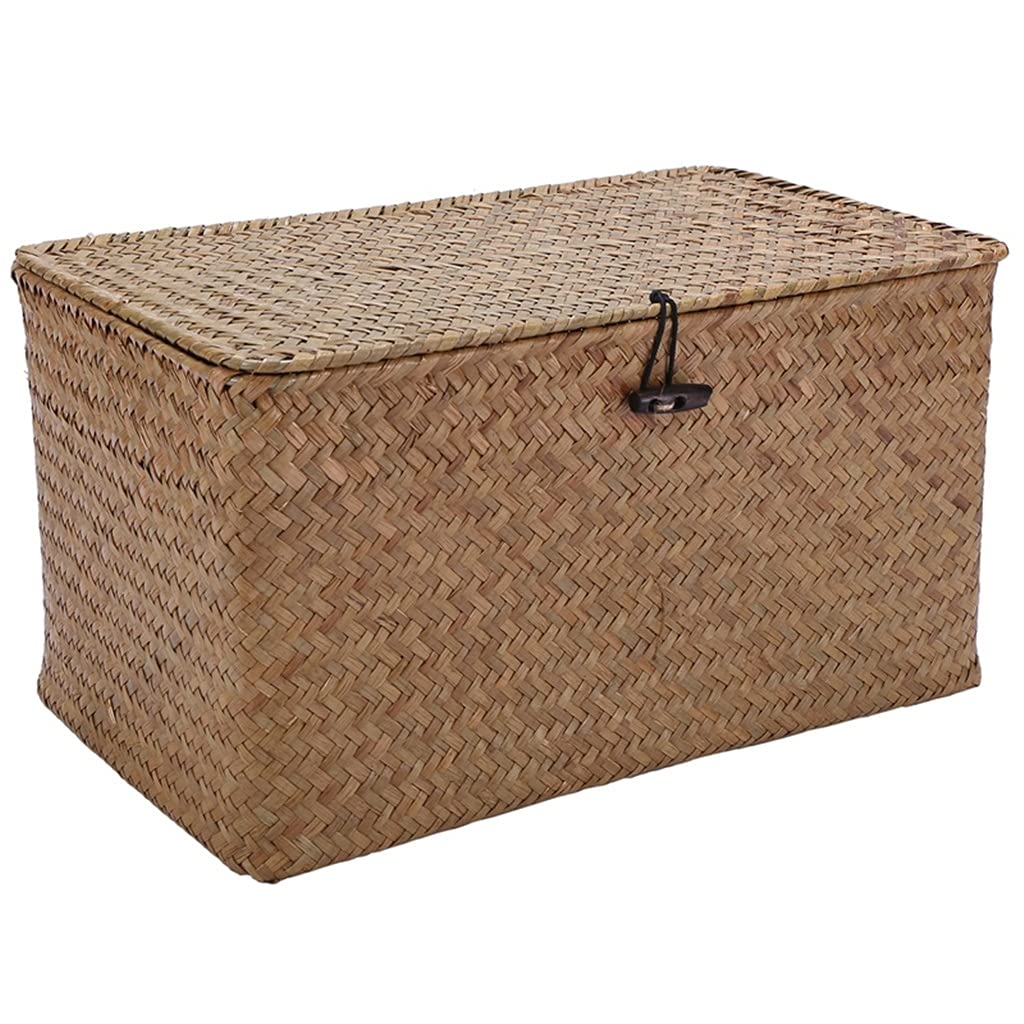 Handmade Straw Woven Storage Basket with Lid - Seagrass Makeup Organizer, Laundry & Jewelry Box (31x18x15cm) | Perfect for Bathroom, Bedroom & Closet Organization