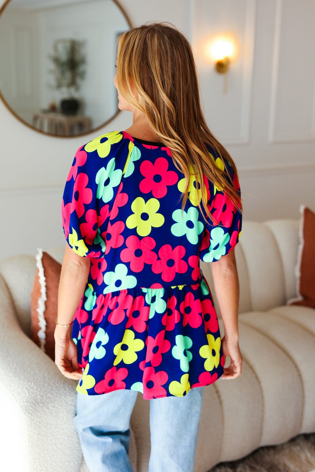 Haptics Navy Blue Floral Print Bubble Sleeve Babydoll Raglan Top - Casual Chic Blouse for Women, Perfect for Date Nights & Summer Outfits