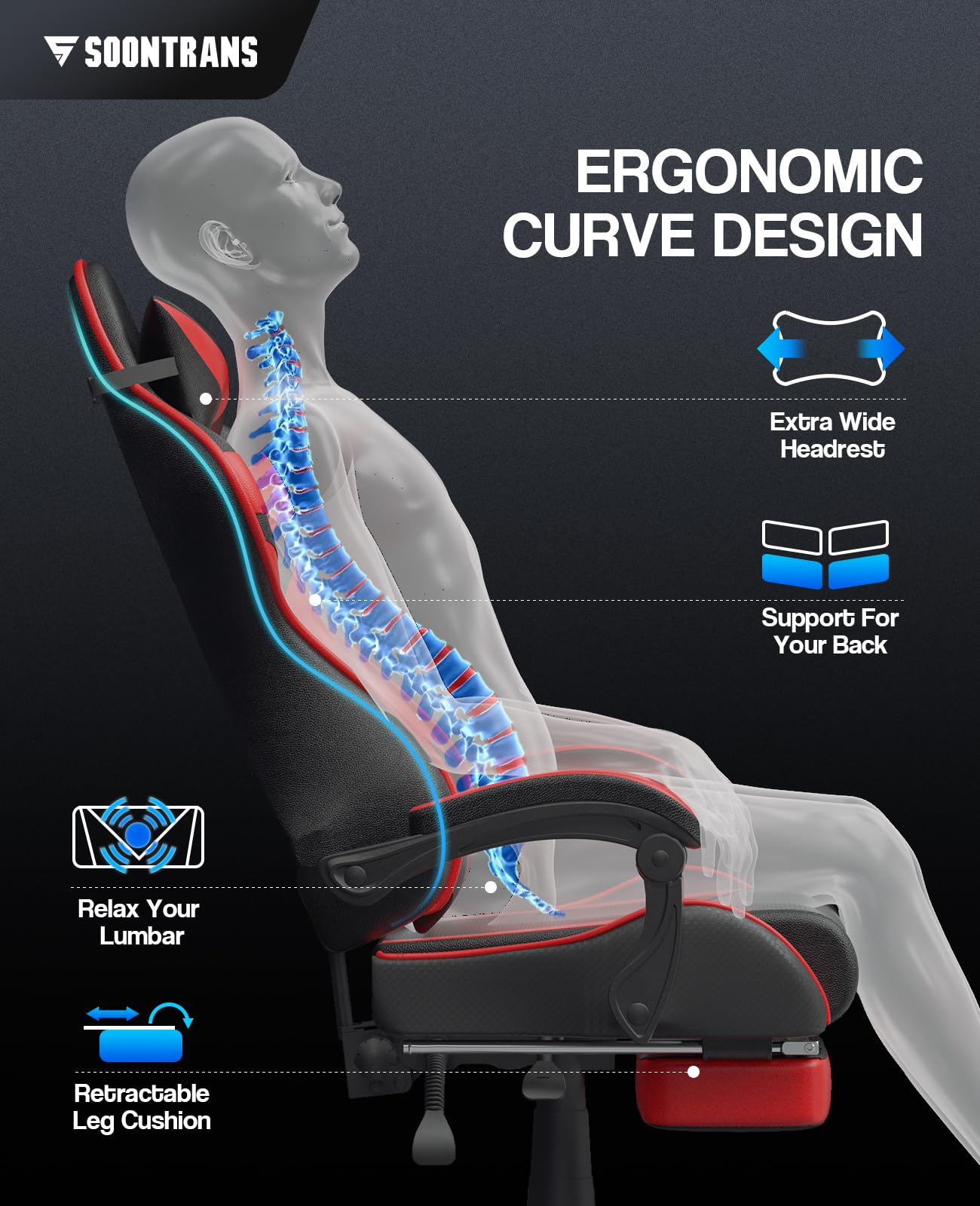 Soontrans Red Gaming Chair with Footrest - Ergonomic Racing Style Computer Gaming Chair with Adjustable Headrest & Lumbar Support - Perfect for PC Gaming, Esports, Home Office & Streaming Setup