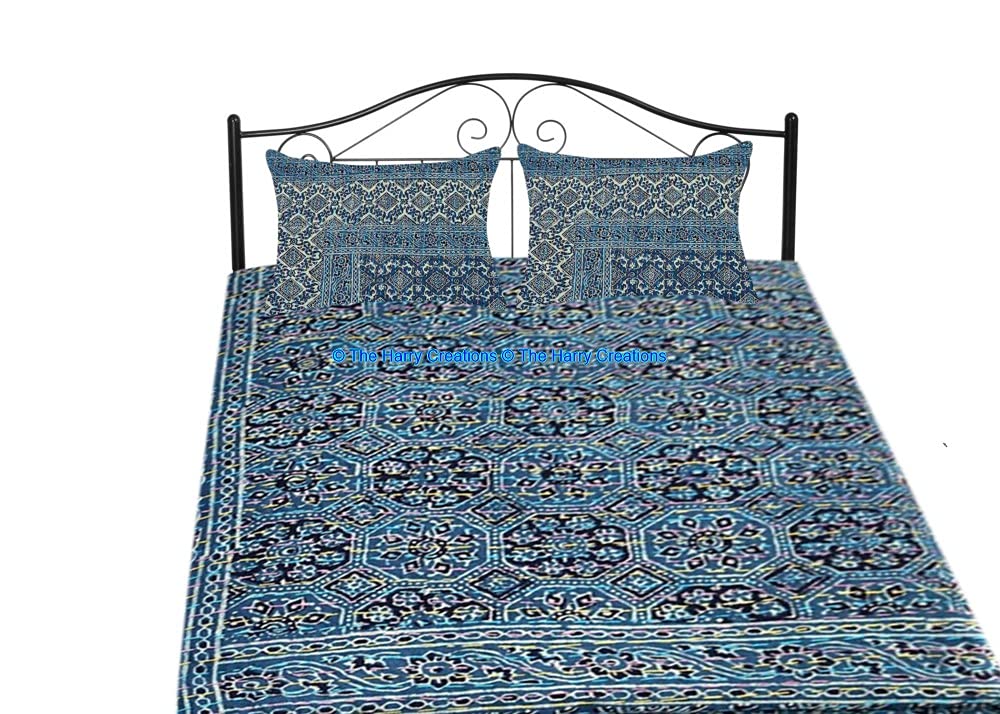 Bohemian Vintage Cotton Kantha Throw Blanket - 100% Hand-Stitched Ajrak Print Bedspread for Sofa & Bed (Blue-White, California King 108