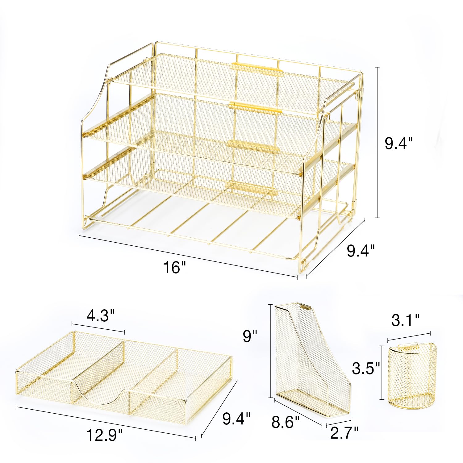 4-Tier Mesh Desk Organizer with File Holder, Drawer & 2 Pen Cups - Gold Office Storage Solution for Paper, Documents & Supplies | Perfect for Home Office, Workstation & School Desk Organization