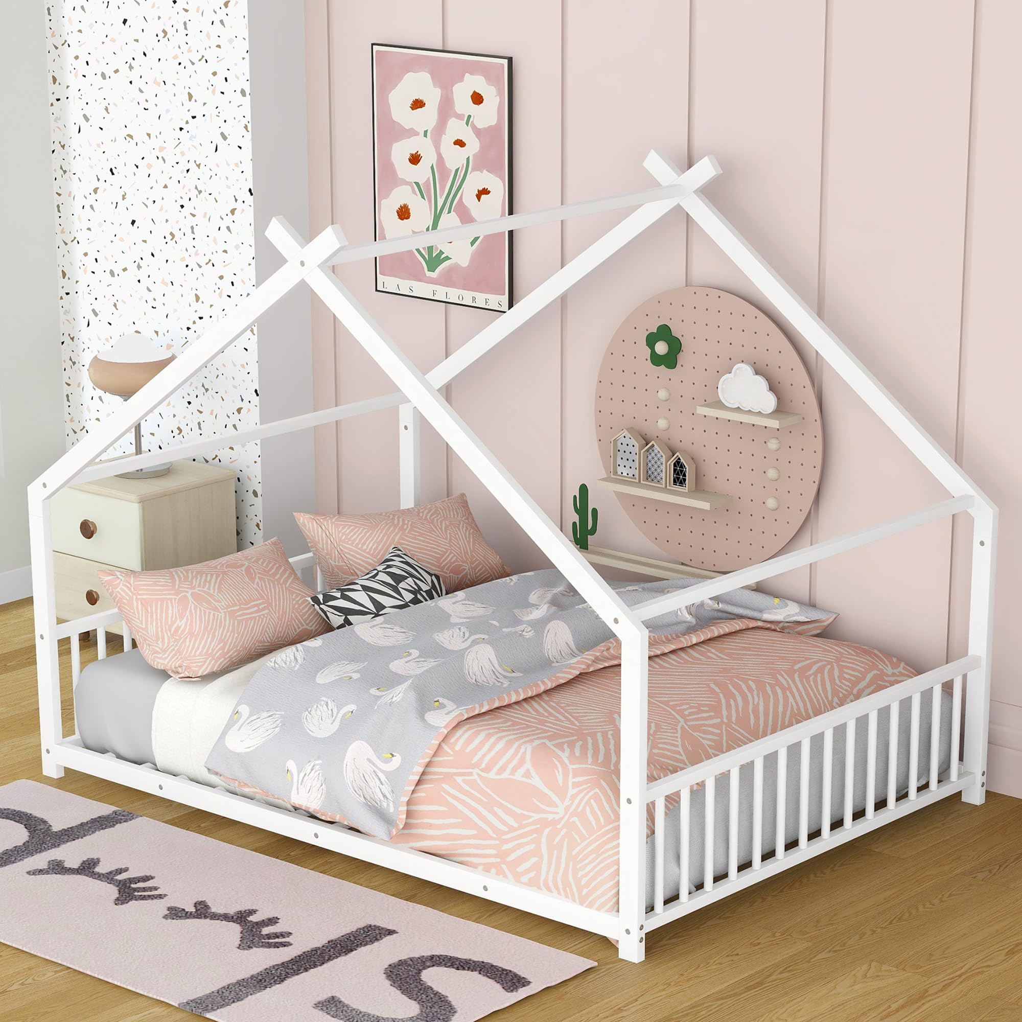 Montessori Metal Floor Bed Frame - Full Size House Bed with Headboard & Slats, Sturdy Kids Bed for Boys & Girls, White - Perfect for Montessori Bedrooms & Child-Friendly Spaces