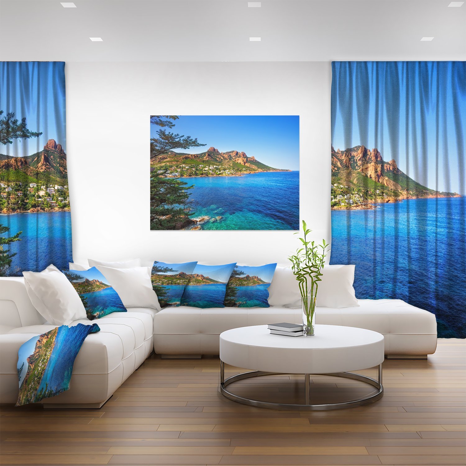 Esterel Rocks Beach Coast in Blue - Extra Large Seashore Canvas Wall Art for Living Room, Bedroom & Office Decor | Coastal Landscape Painting | Ocean Themed Home Decor