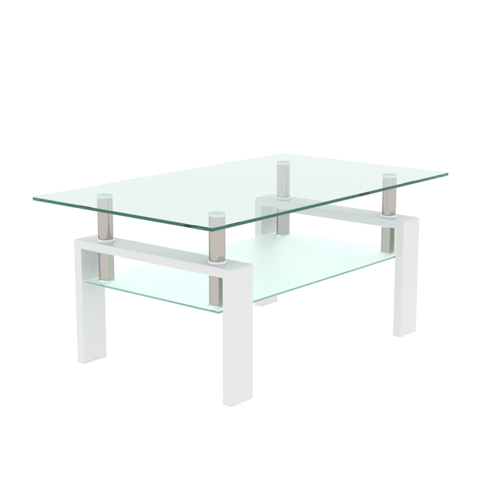 Modern White Tempered Glass Coffee Table with Storage Shelf & Metal Frame - Stylish Living Room Side Table for Home Decor & Small Space Organization