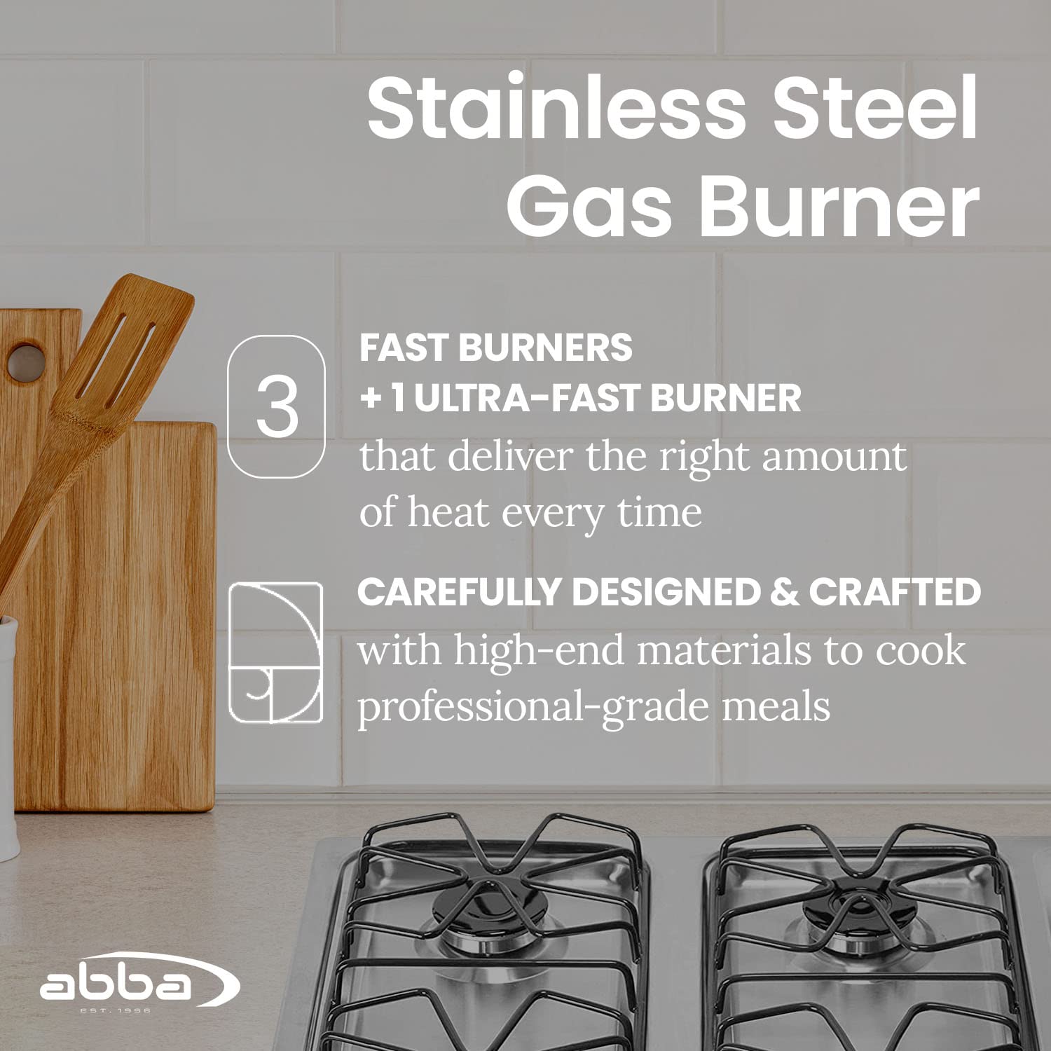 ABBA 24-Inch 4-Burner Gas Cooktop - Stainless Steel Tabletop with SABAF Aluminum Burners & Porcelain Surface | Anti-Spill Design, Easy Cleaning | Perfect for Home Kitchen, RV, Outdoor Cooking (24