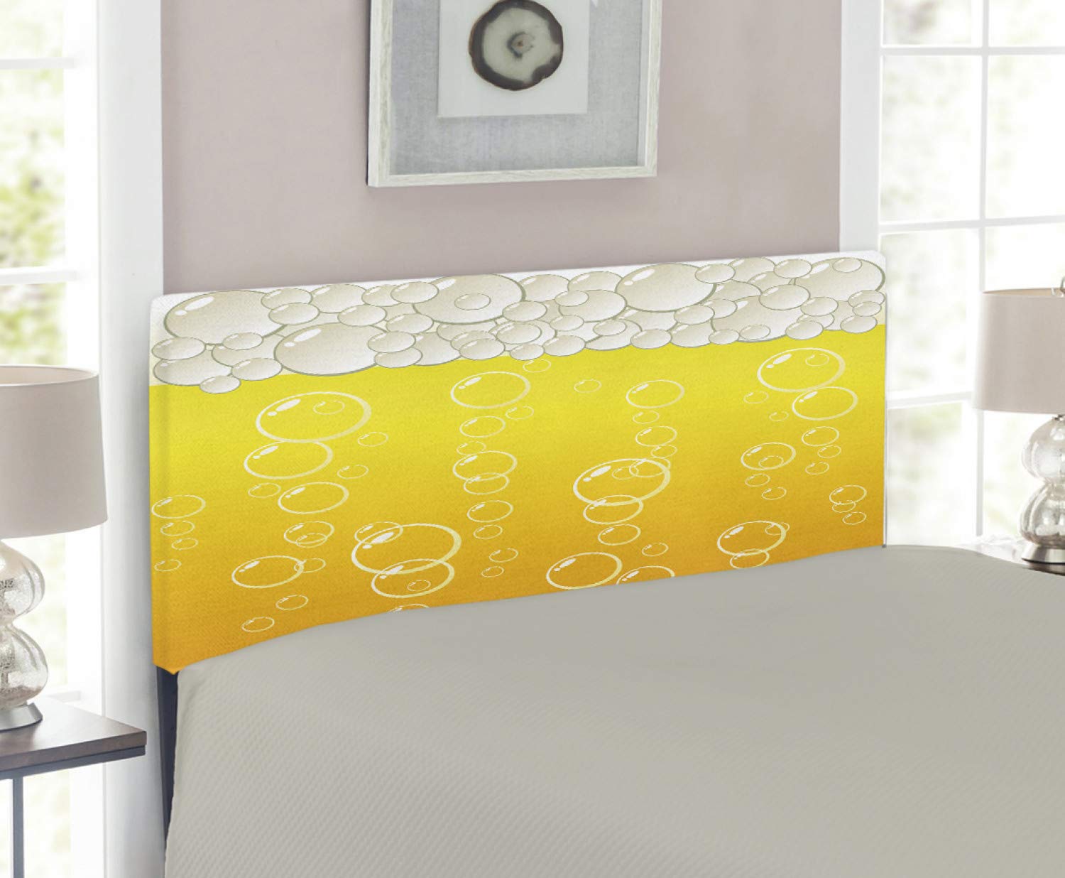 Ambesonne Abstract Upholstered Headboard - Twin Size Yellow & White Memory Foam Bed Headboard with Bubbles & Beer Alcohol Drink Design | Perfect for Modern Bedroom Decor, Dorm Rooms & Guest Rooms