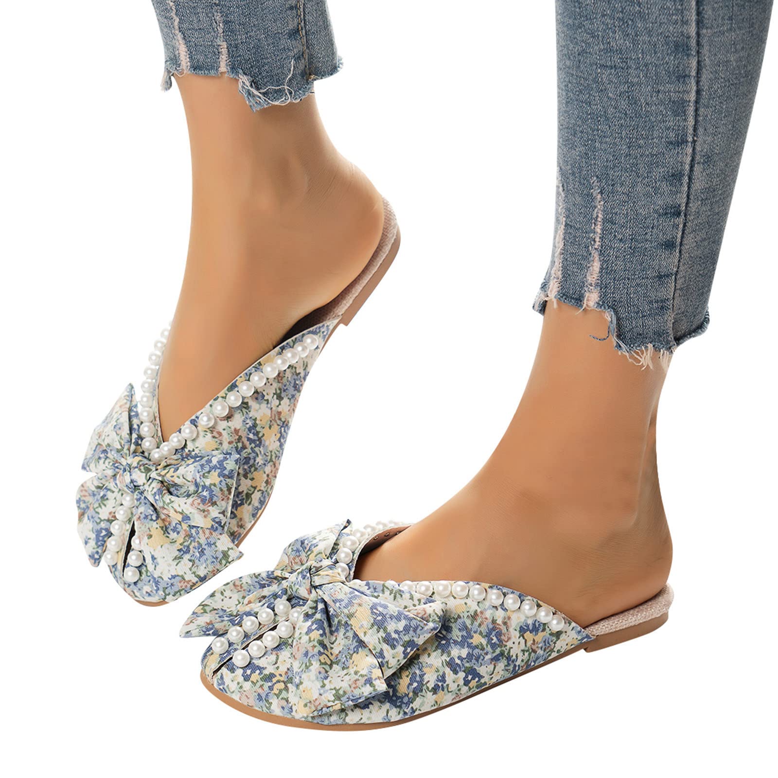 Women's Comfortable Boho Rhinestone Flat Sandals - Open Toe Pearl Embellished Roman Dress Sandals for Summer Size 10 Wide - Perfect for Beach, Vacation, and Casual Outings