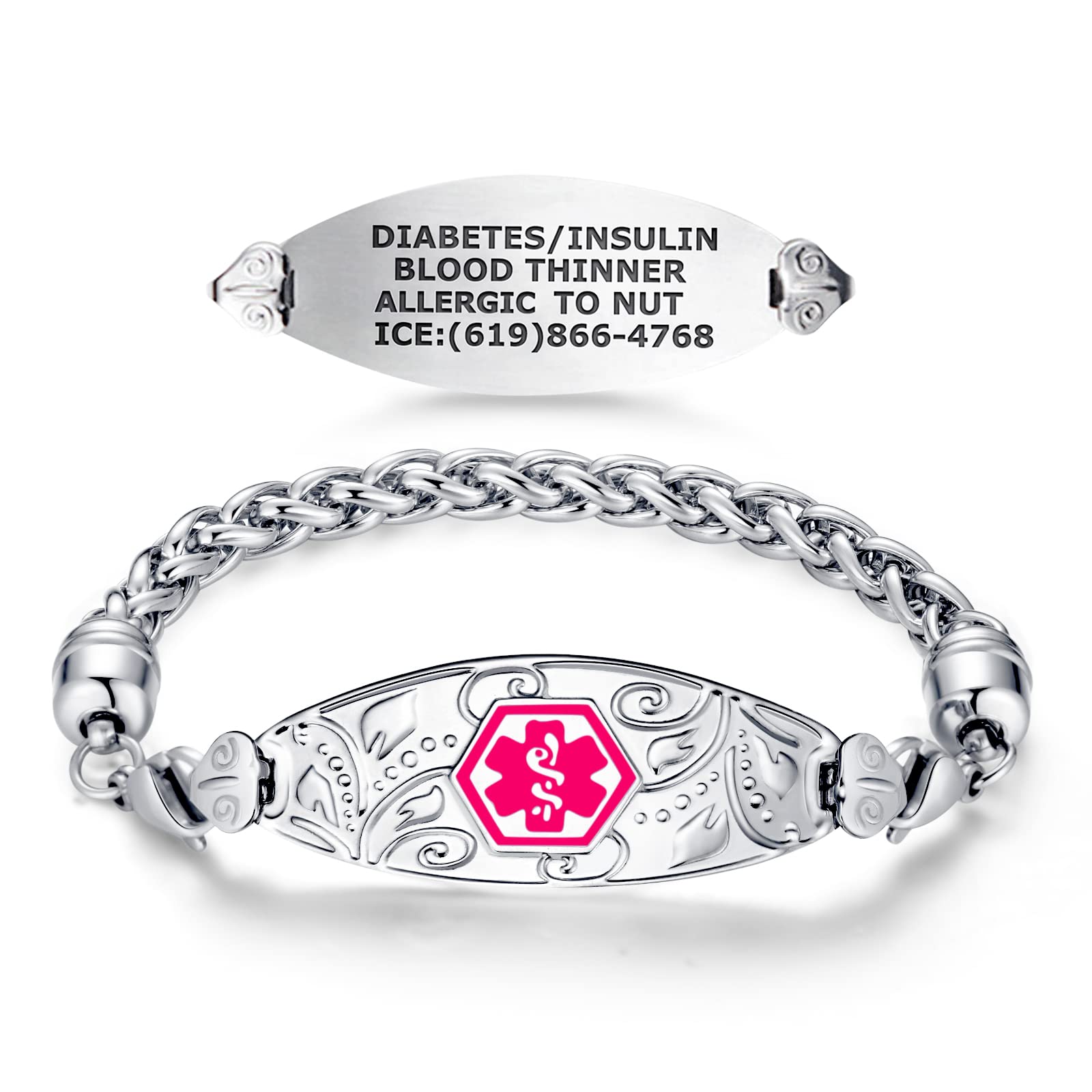 Divoti Custom Engraved Medical Alert Bracelets for Women - Stainless Steel Medical ID Bracelet with Free Engraving - Elegant Filigree Wheat Design - Adjustable Sizing - Perfect for Allergies, Diabetes & Emergency Medical Identification
