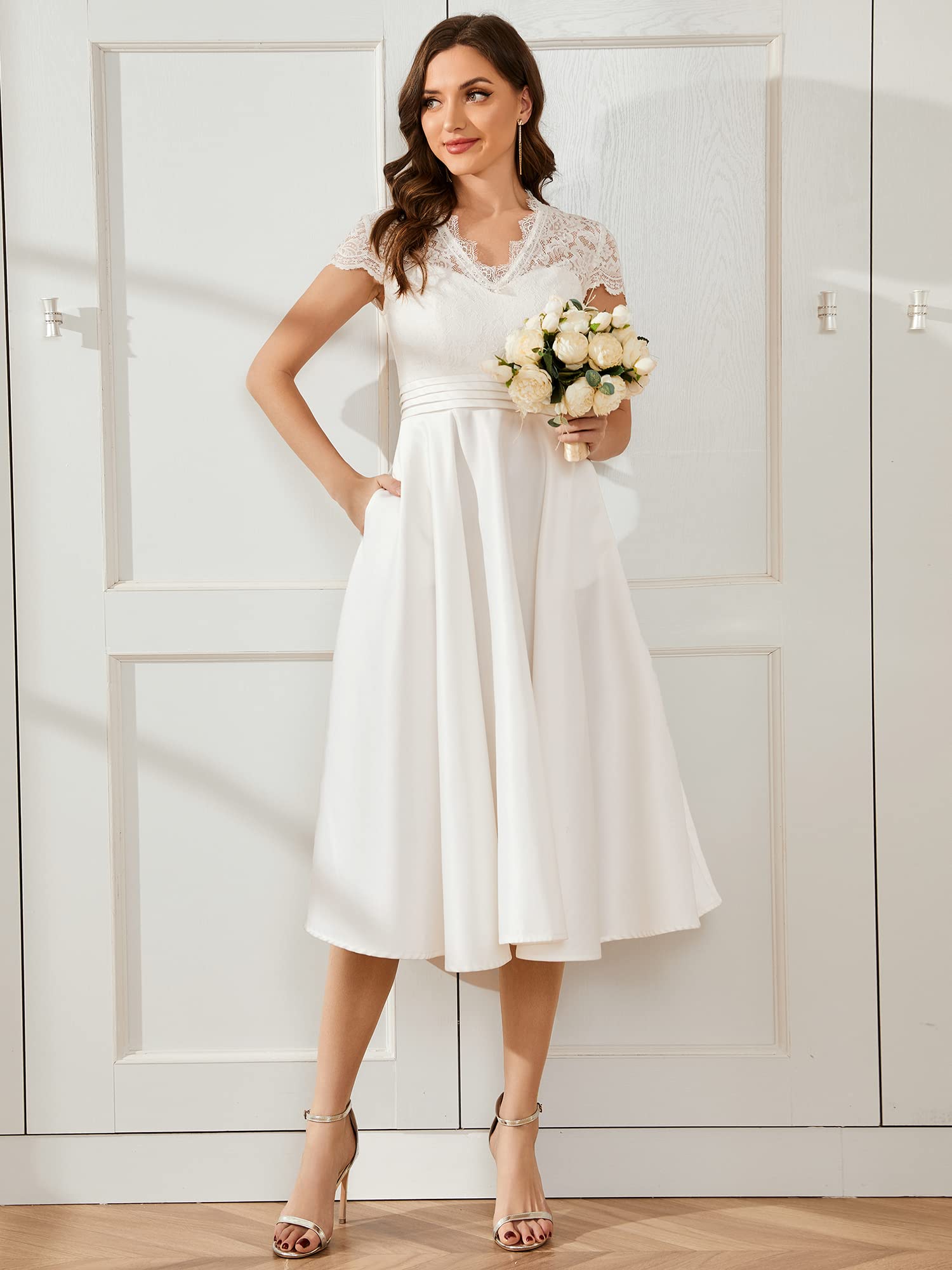 Ever-Pretty Women's A-Line Lace V-Neck Cocktail Dress - Sheer Pleated Wedding Party Gown 40400 | Perfect for Bridal Showers, Evening Galas & Formal Events