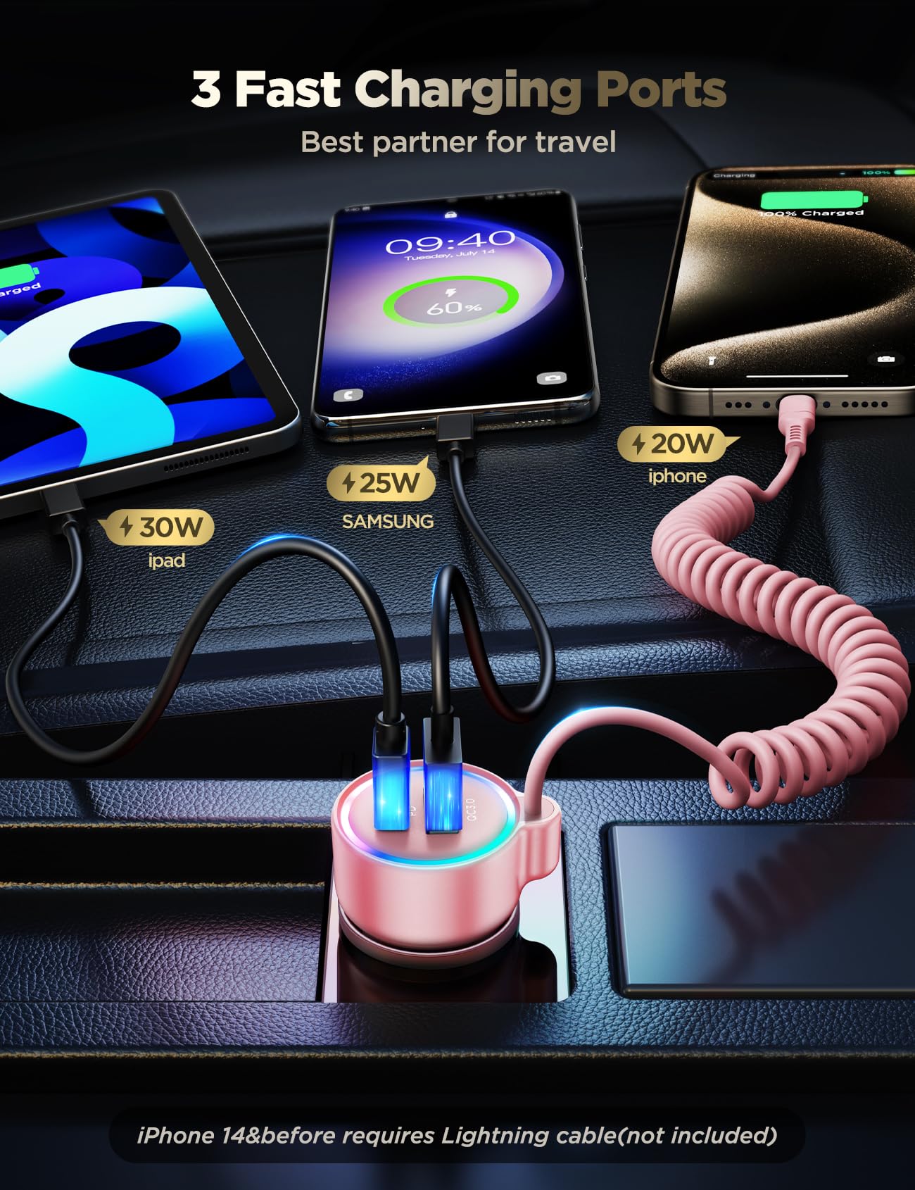 60W USB C Car Charger with PD & QC3.0 Fast Charging - Includes 5ft 30W Type C Coiled Cable - Compatible with iPhone 15 Pro Max/Plus, Samsung Galaxy S24/S23/S22, Google Pixel, Moto, LG & Android Devices - Perfect for Road Trips & Daily Commutes