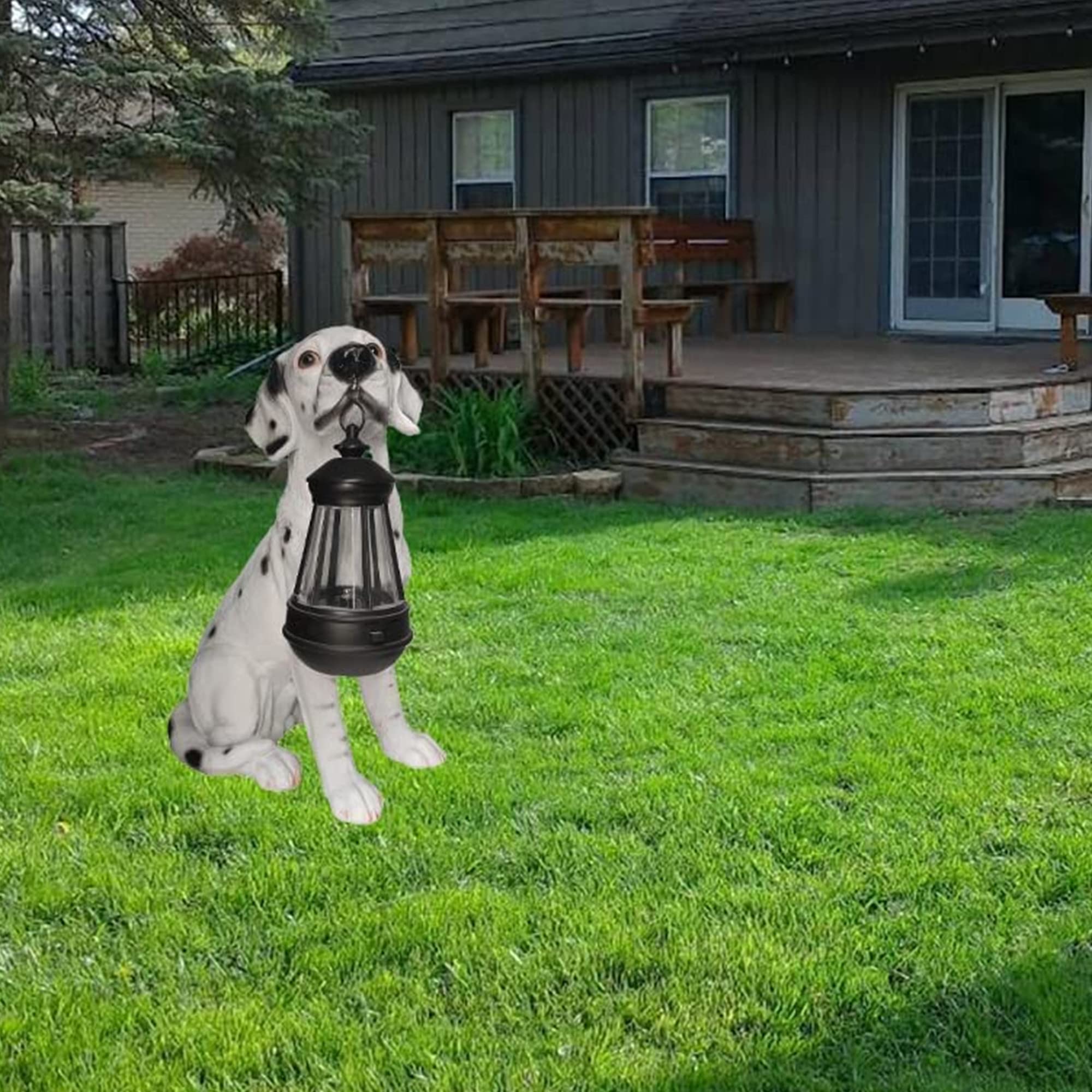 Solar-Powered Outdoor Dog Statues - Resin Garden Decor with LED Lantern for Lawn, Yard & Patio - Dalmatian-Themed Pet Ornament | Perfect for Backyard Landscaping & Nighttime Ambience