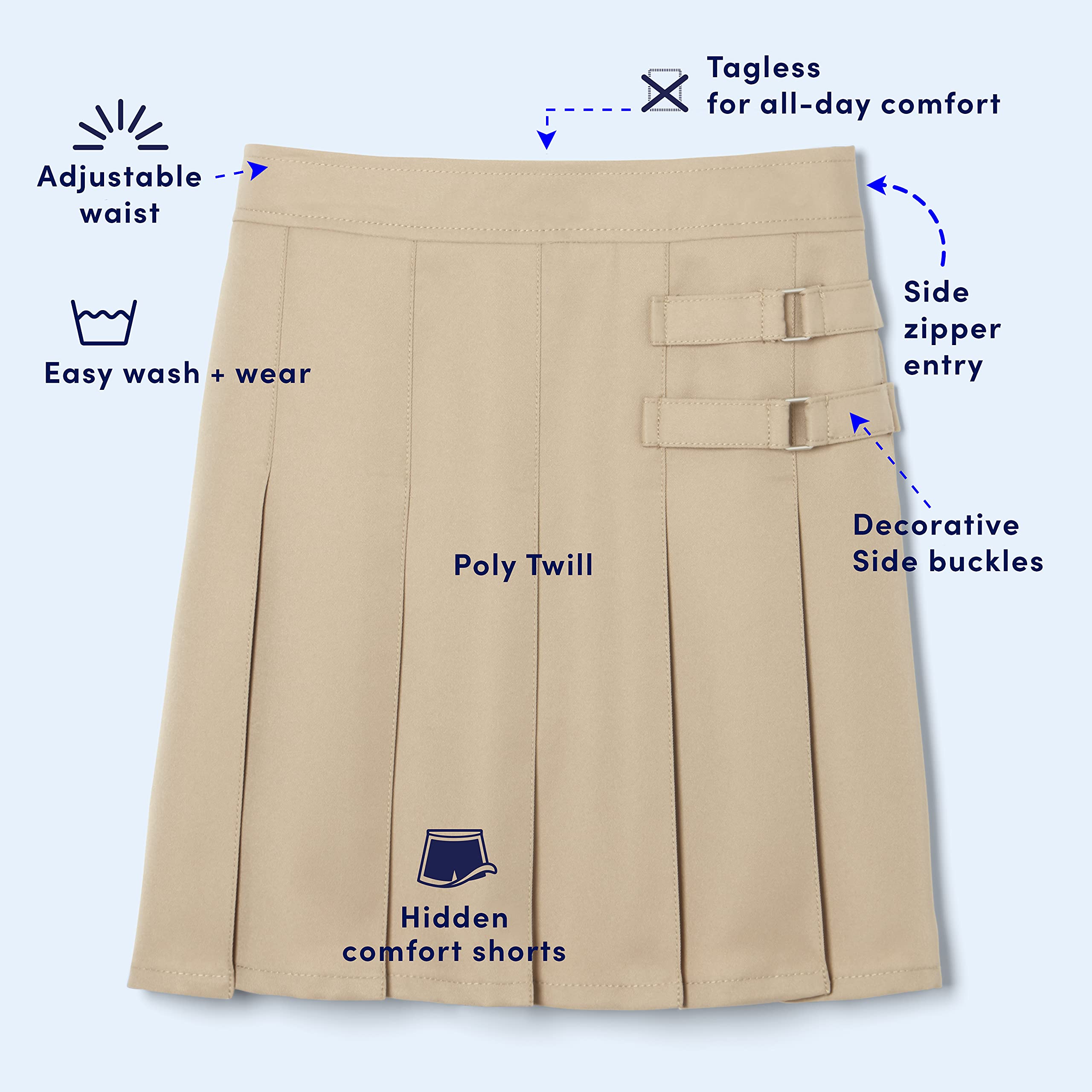 French Toast Girls' Adjustable Waist Pleated-Front Two-Tab Scooter Skirt - Perfect for School Uniforms, Playdates & Special Occasions