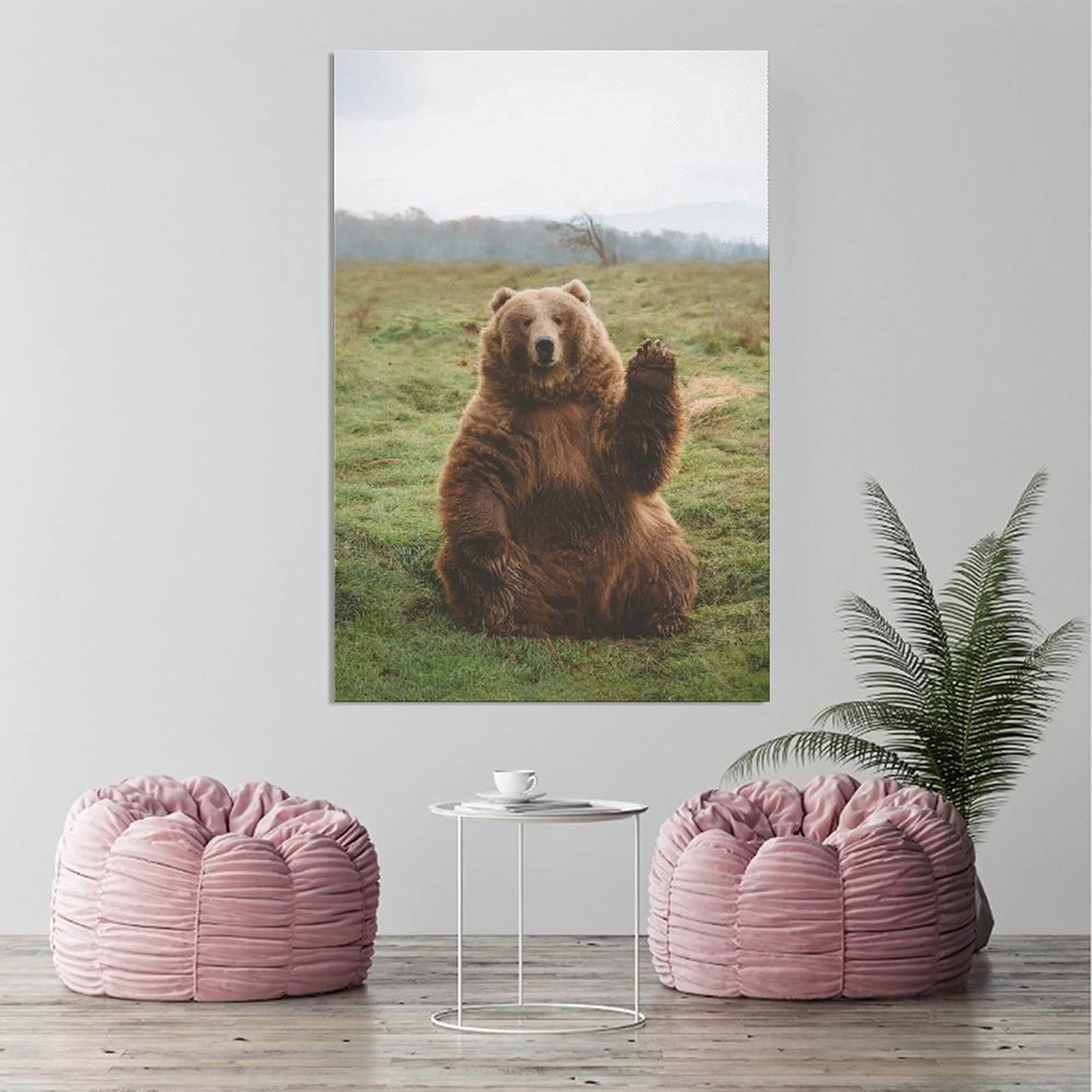 Chubby Naive Grizzly Bear Waving Canvas Wall Art - 24x36 Inch Nature Wildlife Poster for Living Room, Bedroom & Office Decor - Perfect Gift for Animal Lovers & Home Decoration