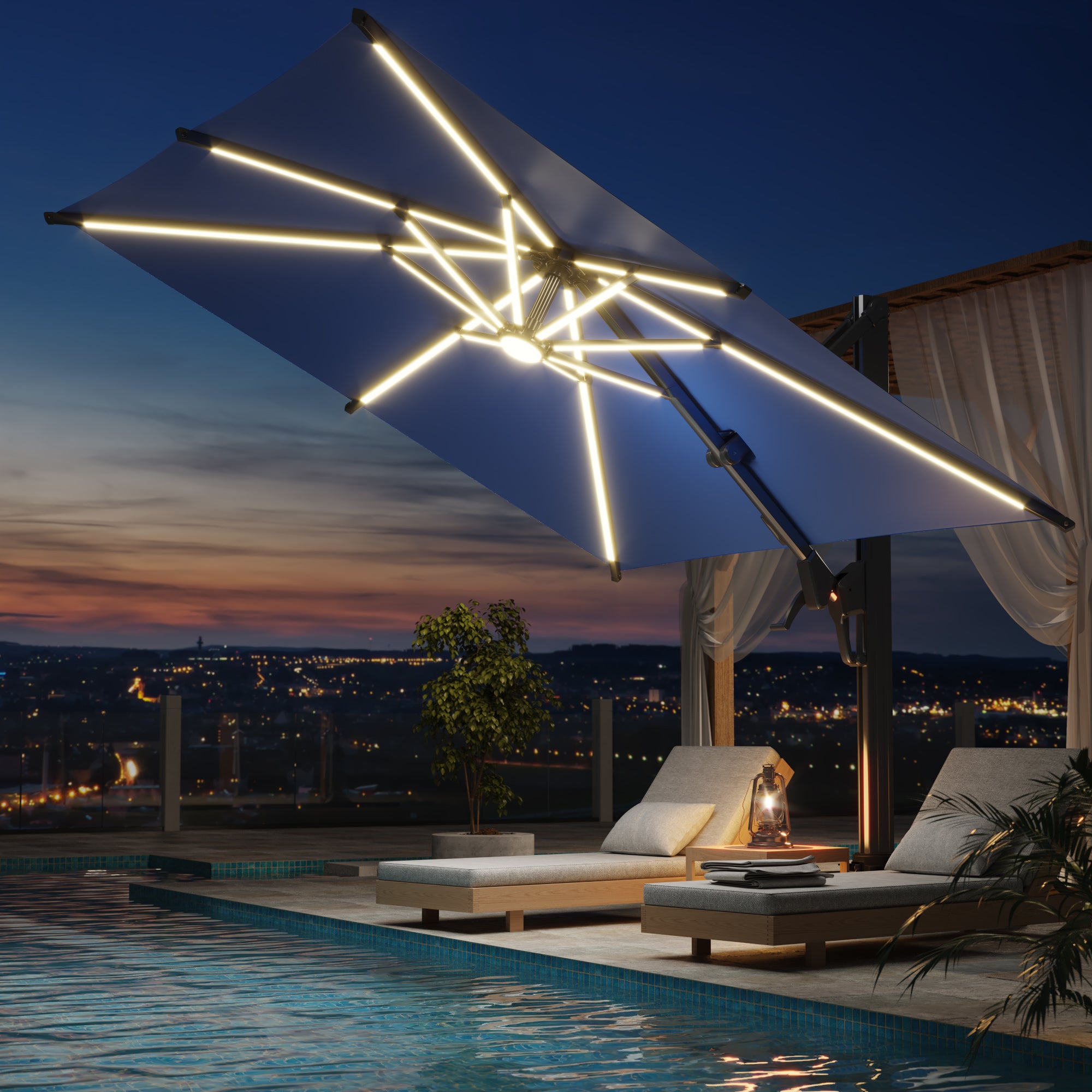 EROMMY 10ft x 10ft Outdoor LED Patio Umbrella - Waterproof & UV Resistant Sun Shade for Deck, Poolside, and Backyard (Navy Blue)