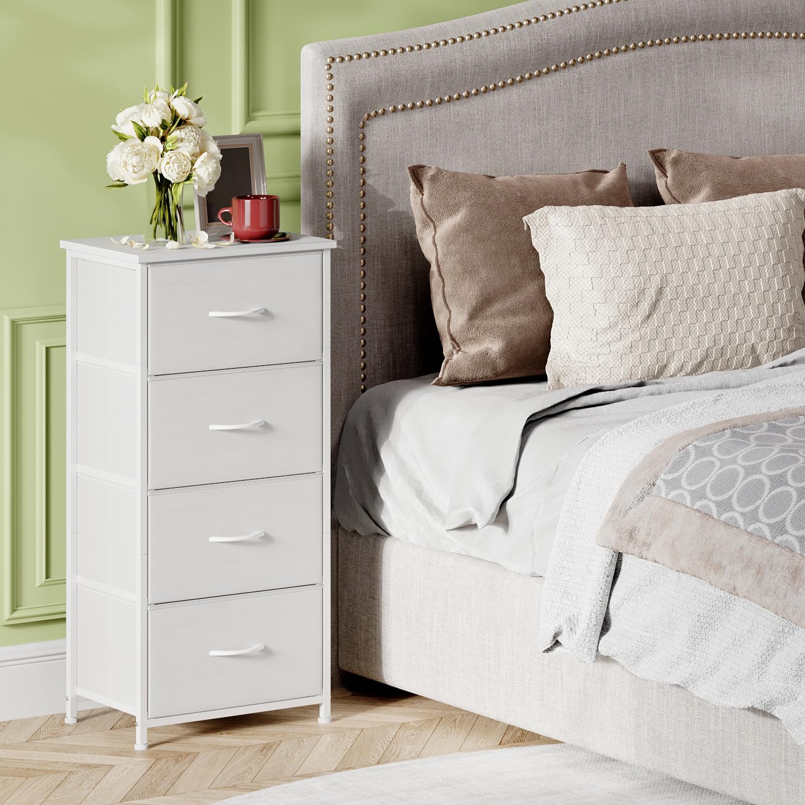 Somdot 4-Drawer Tall Dresser for Bedroom - White Leather Storage Organizer with Removable Fabric Bins - Perfect for Bedroom, Nursery, Closet, Laundry Room & Entryway Organization