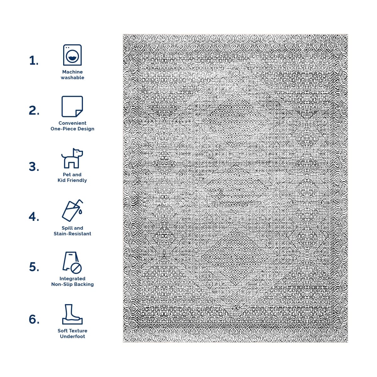 Diamond Mosaic Washable Area Rug - Soft Non-Slip Grey Carpet for Living Room, Bedroom & Nursery | Machine Washable Home Decor
