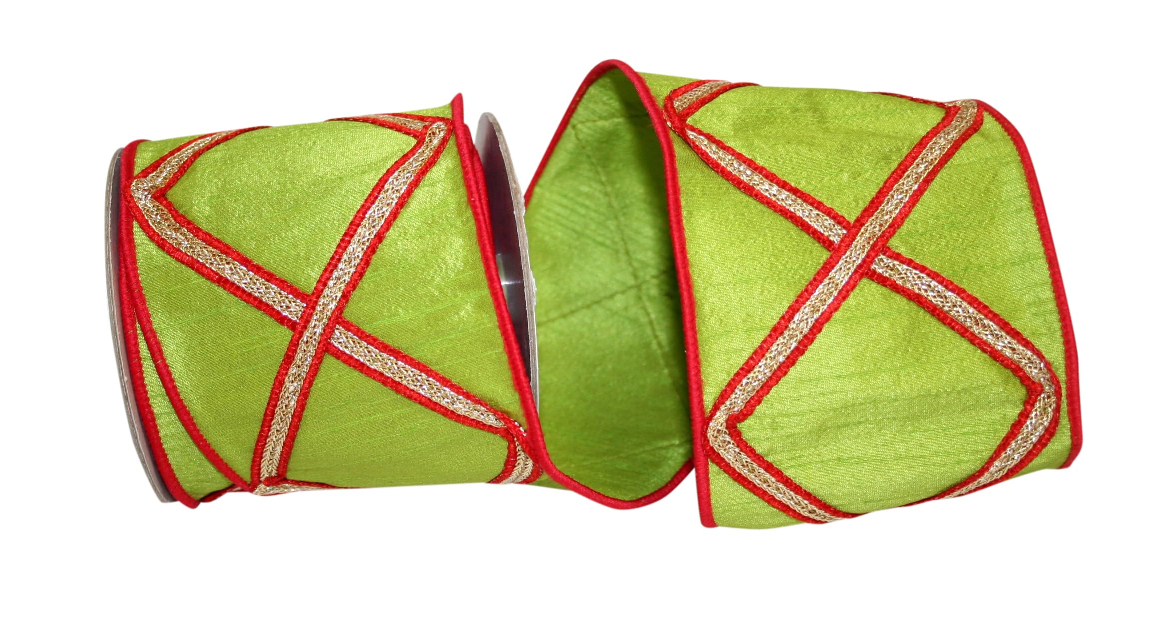 Reliant Ribbon Diamond Trime Lux Wired Edge Ribbon - 4 Inch x 5 Yards, Lime/Red - Perfect for Gift Wrapping, Wedding Decorations & Craft Projects