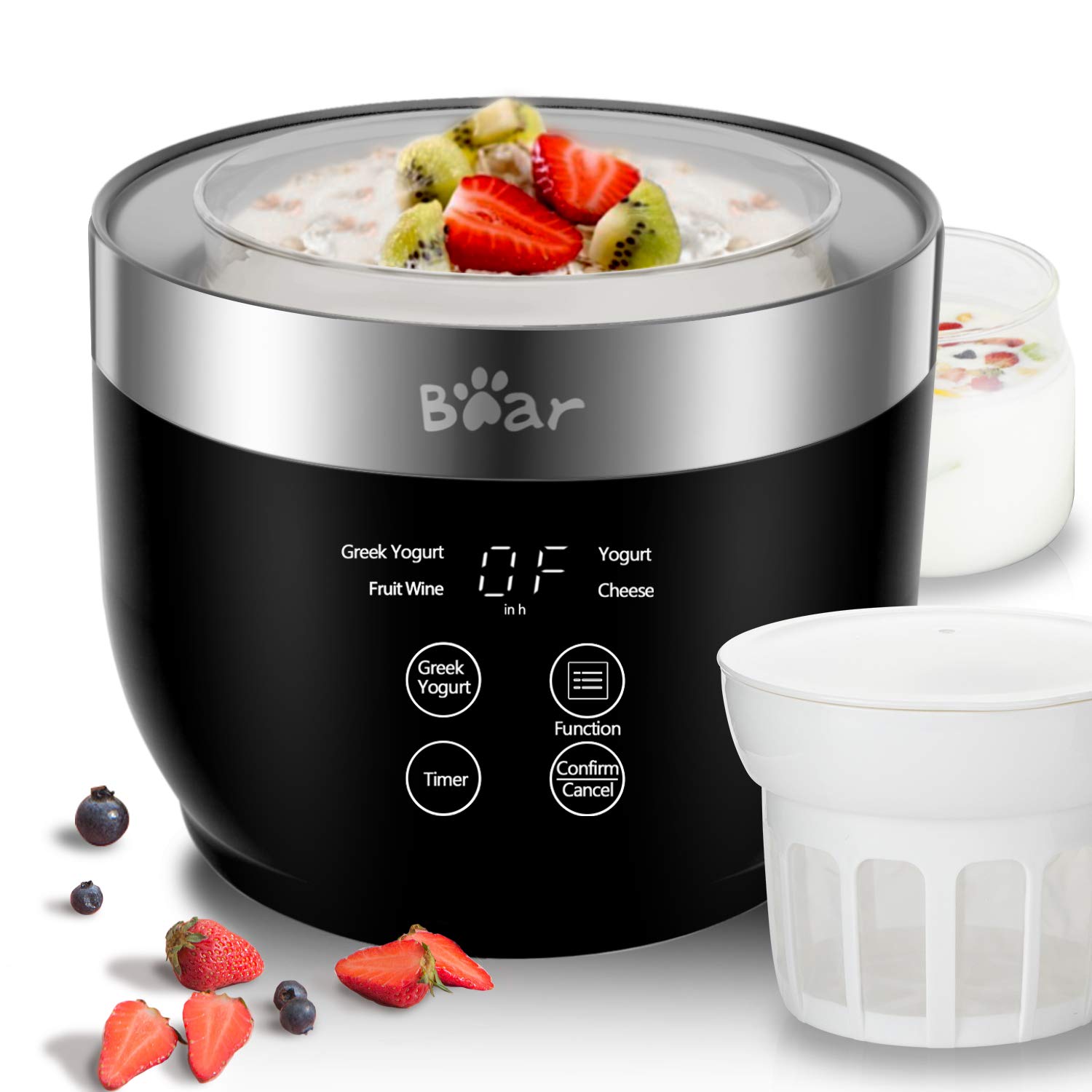Premium Greek Yogurt Maker Machine with Strainer & Timer - Stainless Steel Inner Pot, 2 Glass Jars (1 Quart) - Automatic Digital Yogurt Maker for Homemade Organic Yogurt - Perfect for Healthy Breakfast, Snacks & Keto/Low-Carb Diets
