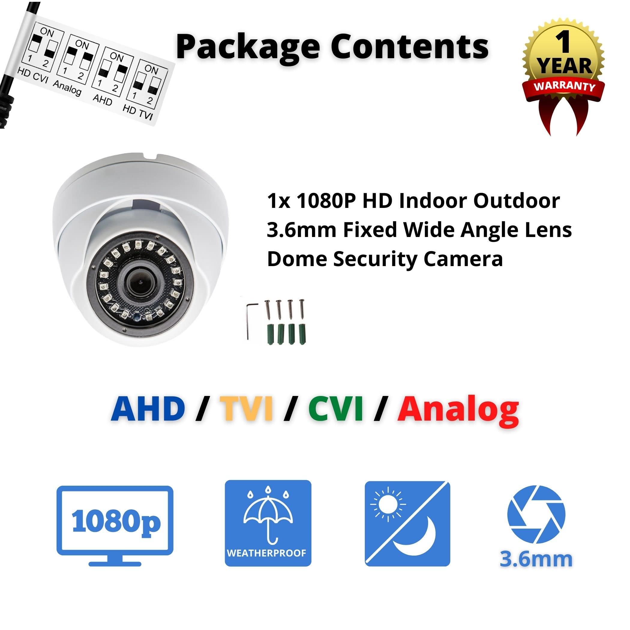 Evertech HD 1080p TVI AHD CVI Analog Security Dome Camera - 960H/CVBS, Day & Night Vision, Weatherproof Metal Housing for Indoor/Outdoor Surveillance - Ideal for Home Security, Office Monitoring & Business Protection