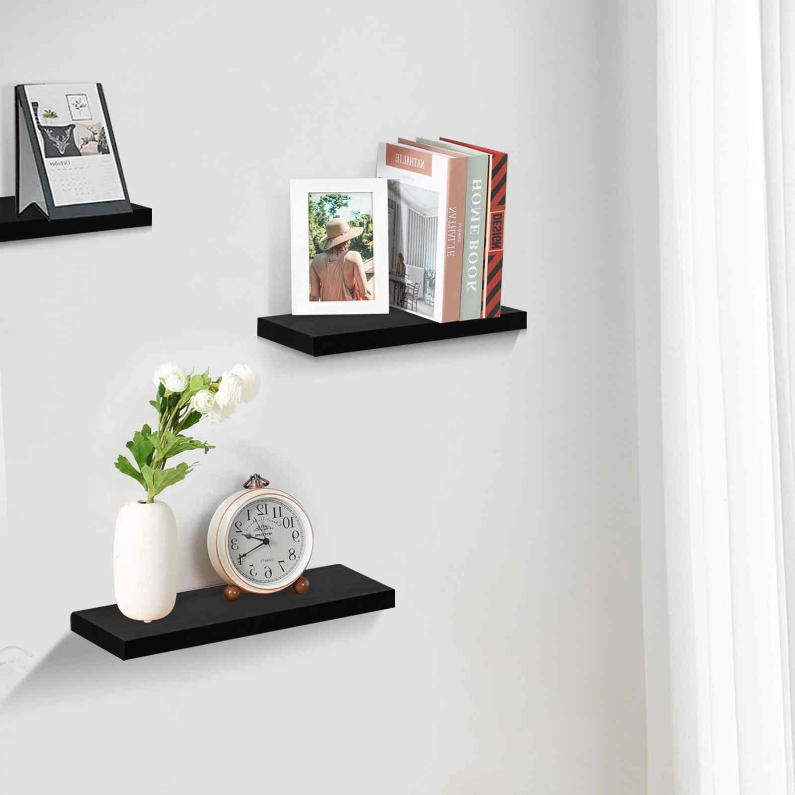 Floating Shelves Set of 3 - Solid Wood Wall Shelves for Bathroom, Bedroom & Kitchen Decor - Black