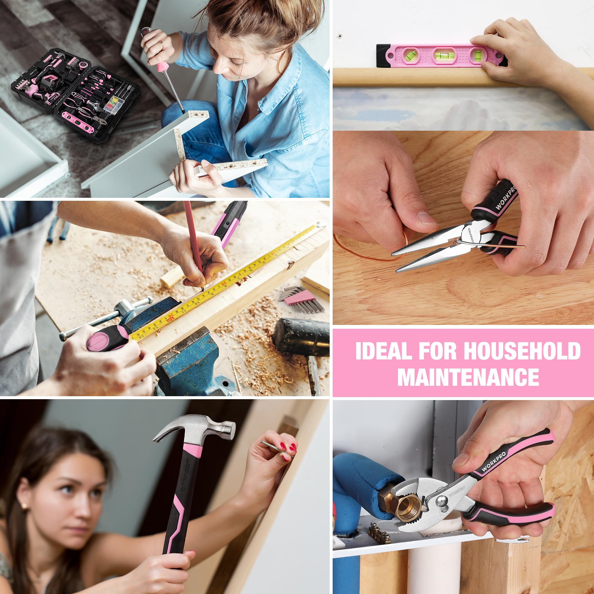 WORKPRO 20V Pink Cordless Drill Driver Kit with 141-Piece Hand Tool Set, 2.0Ah Li-ion Battery & Fast Charger - Perfect for DIY Projects, Home Repairs & Construction Work - Includes Durable Tool Box (Pink Ribbon Edition)