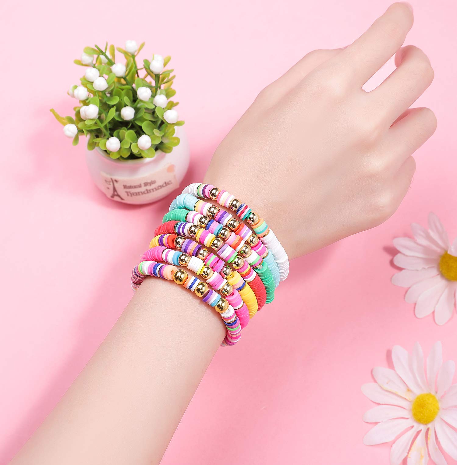 6PCS Handmade Colorful Sliced Clay Bracelets for Women - Stackable Rainbow Vinyl Disc Bead Stretch Bracelets Set - Plastic Summer Wristbands for Casual Wear, Beach Parties & Festival Accessories