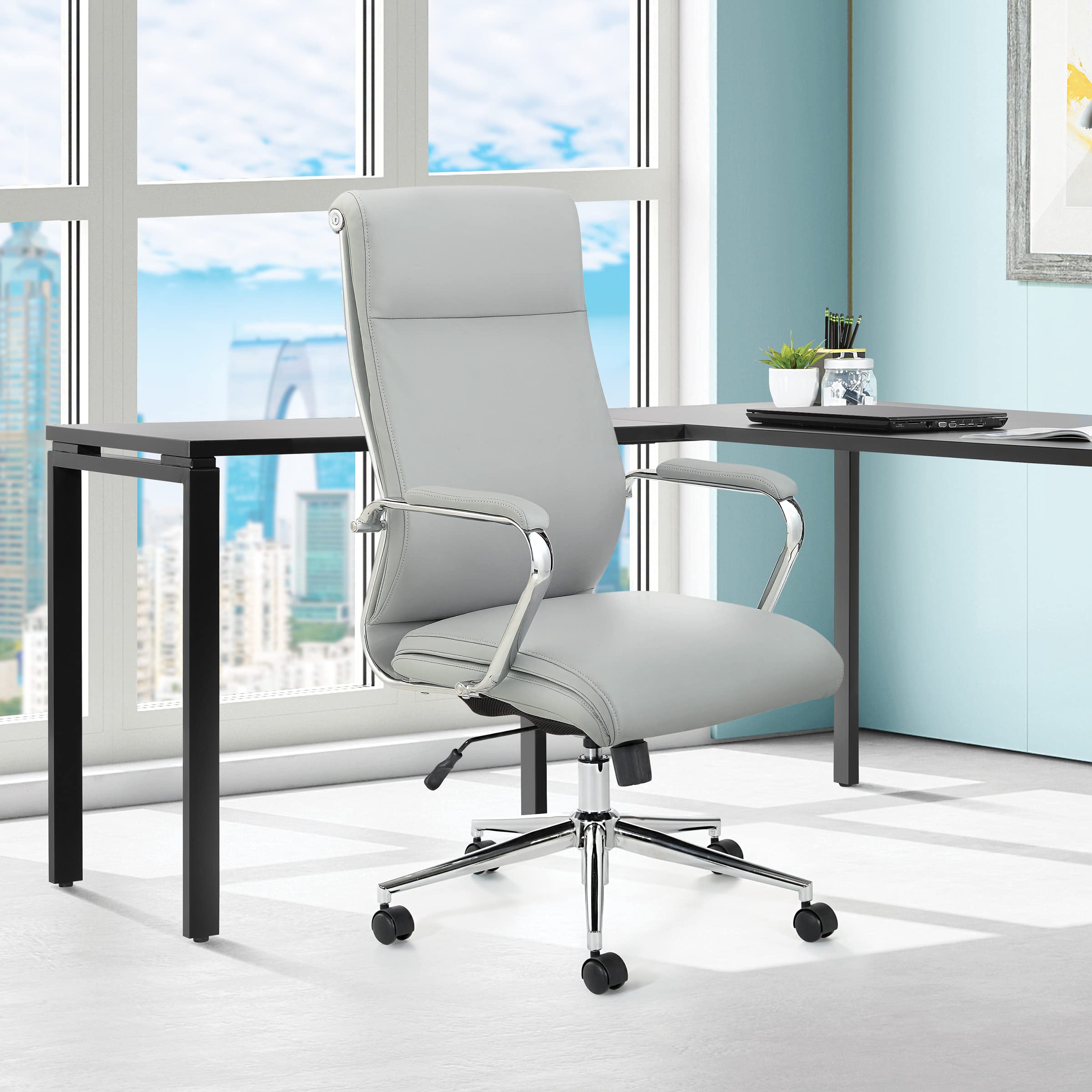 Office Star Antimicrobial High-Back Adjustable Manager's Office Chair with Chrome Base & Dillon Steel Fabric - Ergonomic Desk Chair for Home & Professional Workspaces