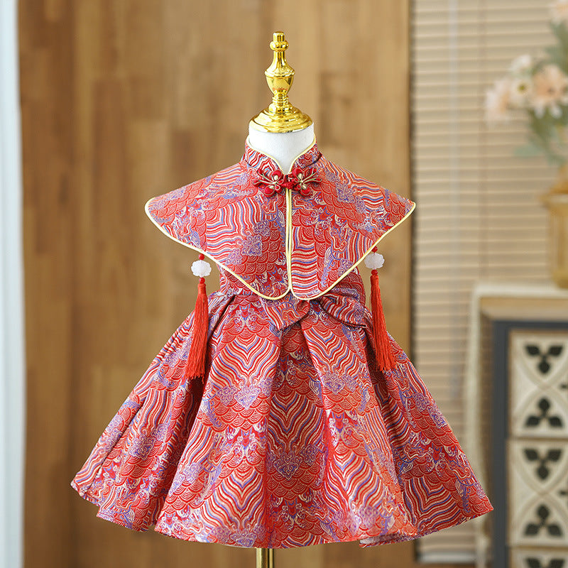 Elegant Red Pattern Shawl Dress for Baby Girls - Chinese Style Princess Birthday Dress for Toddlers | Perfect for Birthday Parties, Photo Shoots & Special Occasions
