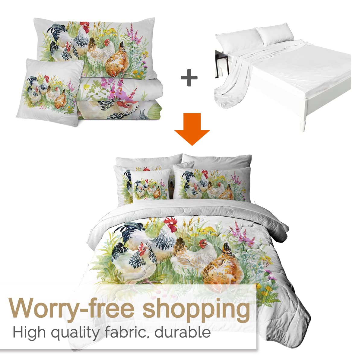 BlessLiving Farmhouse Chicken and Rooster Comforter Set - 8 Piece Full Bed in a Bag with Lightweight Comforter, Sheets, Pillowcases, Shams & Cushion Cover | Shabby Chic Bedding for Country Style Bedrooms, Guest Rooms & Farmhouse Decor