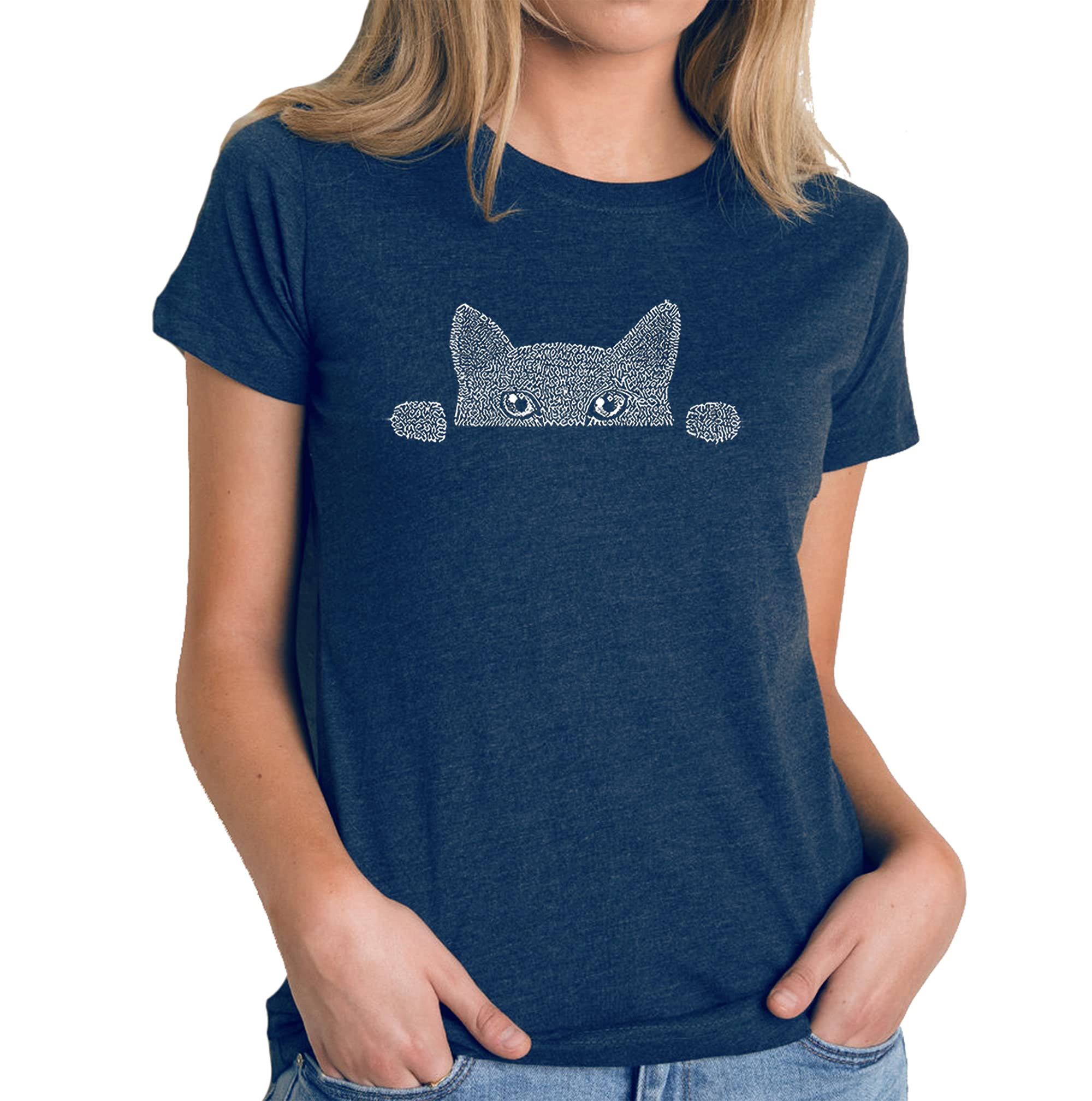 LA POP ART Women's Premium Blend Word Art T-Shirt with Peeking Cat Design - Comfortable Casual Wear for Everyday Outfits & Cat Lovers