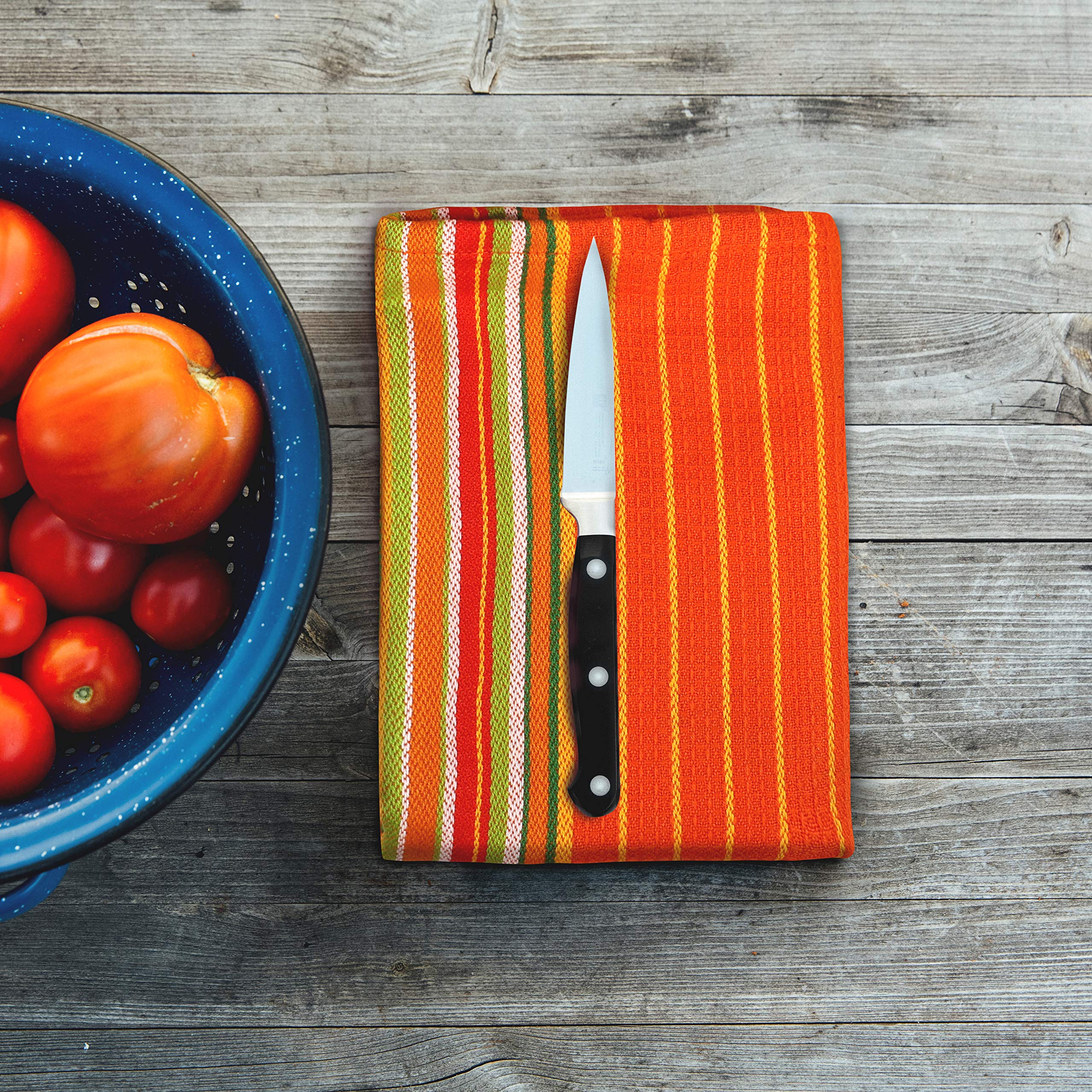 Premium 100% Cotton Waffle Weave Kitchen Towels Set of 6 - Extra Large 20x30 Inches, Super Absorbent Dish Towels with Mitered Corners for Drying Dishes, Glassware & Hands | Orange Striped Design for Modern Kitchens & Coffee Shops