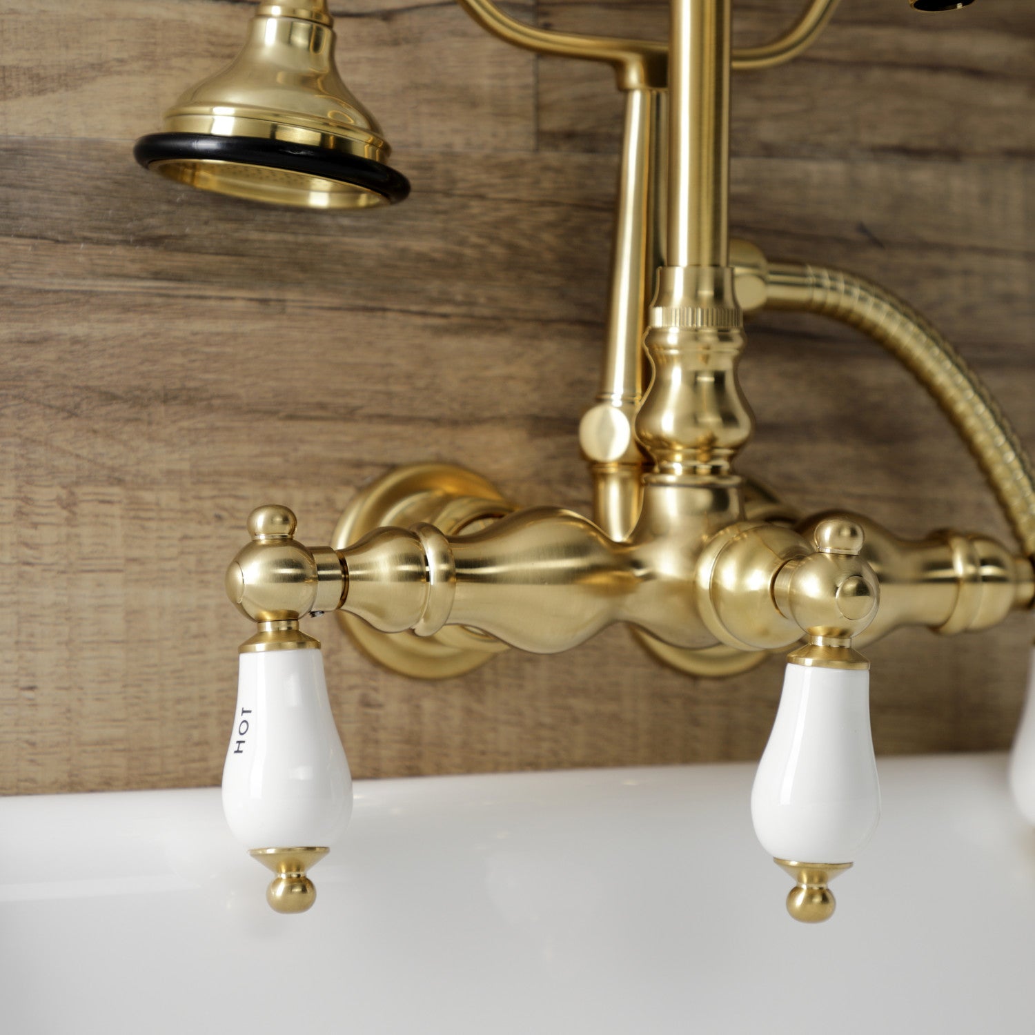Vintage Style 3-Handle Wall Mount Clawfoot Tub Faucet with Hand Shower in Brushed Brass - Perfect for Bathroom Renovation & Luxury Spa Experience