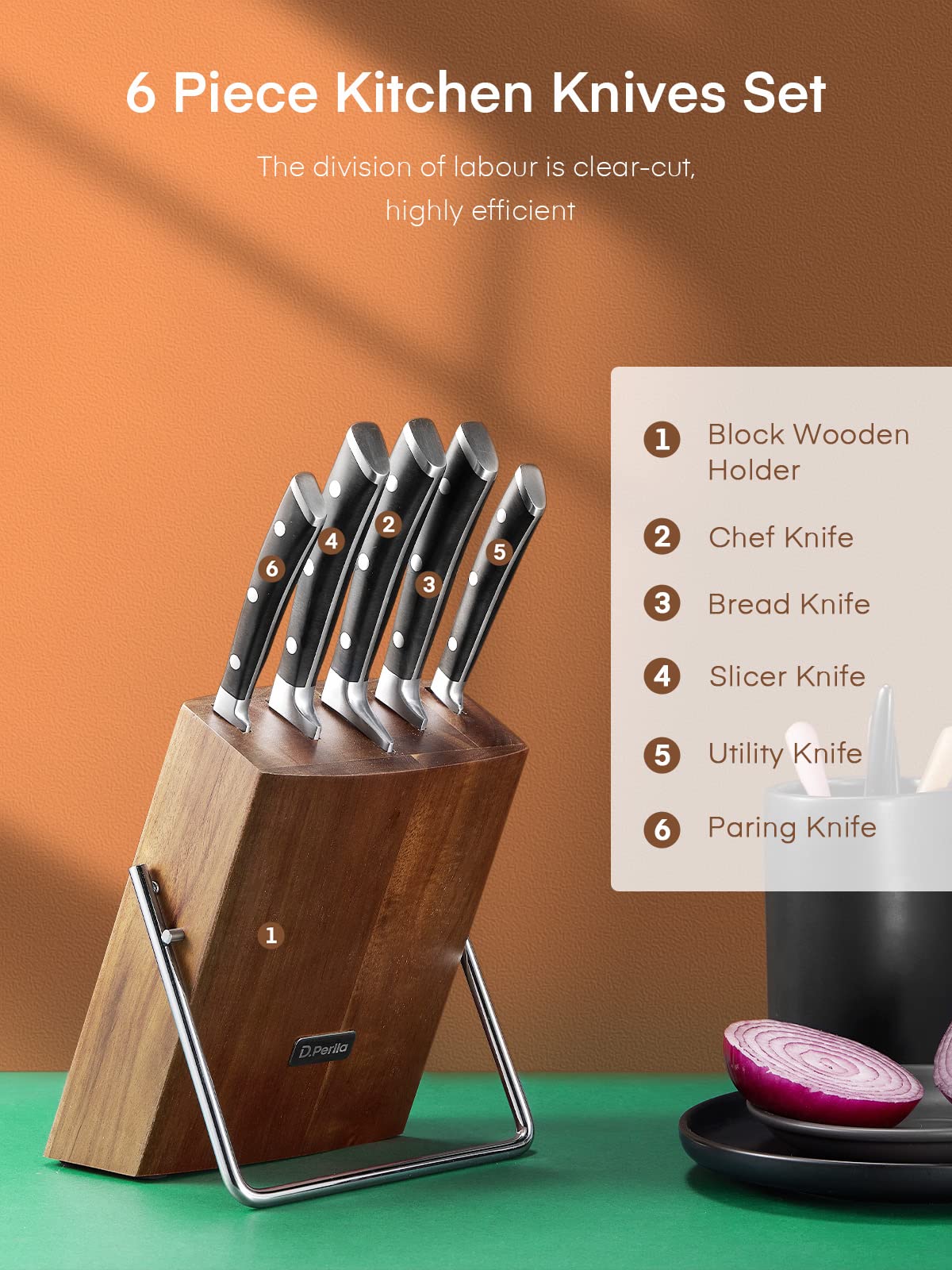 D.Perlla 6-Piece German Stainless Steel Kitchen Knife Set with Wooden Block - Razor Sharp Chef Knives for Slicing, Dicing & Food Prep - Perfect for Home Cooking & Professional Kitchens