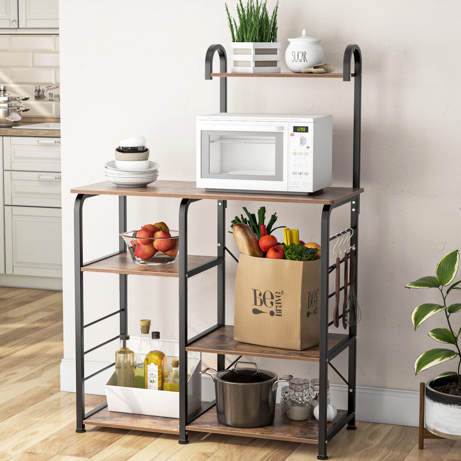 SOGES Microwave Cart Stand with Storage Shelves - Multi-Functional Kitchen Baker's Rack Utility Cart, Workstation Shelf for Baking, Spice Rack Organizer - Perfect for Small Kitchen, Apartment, Dorm (Brown)