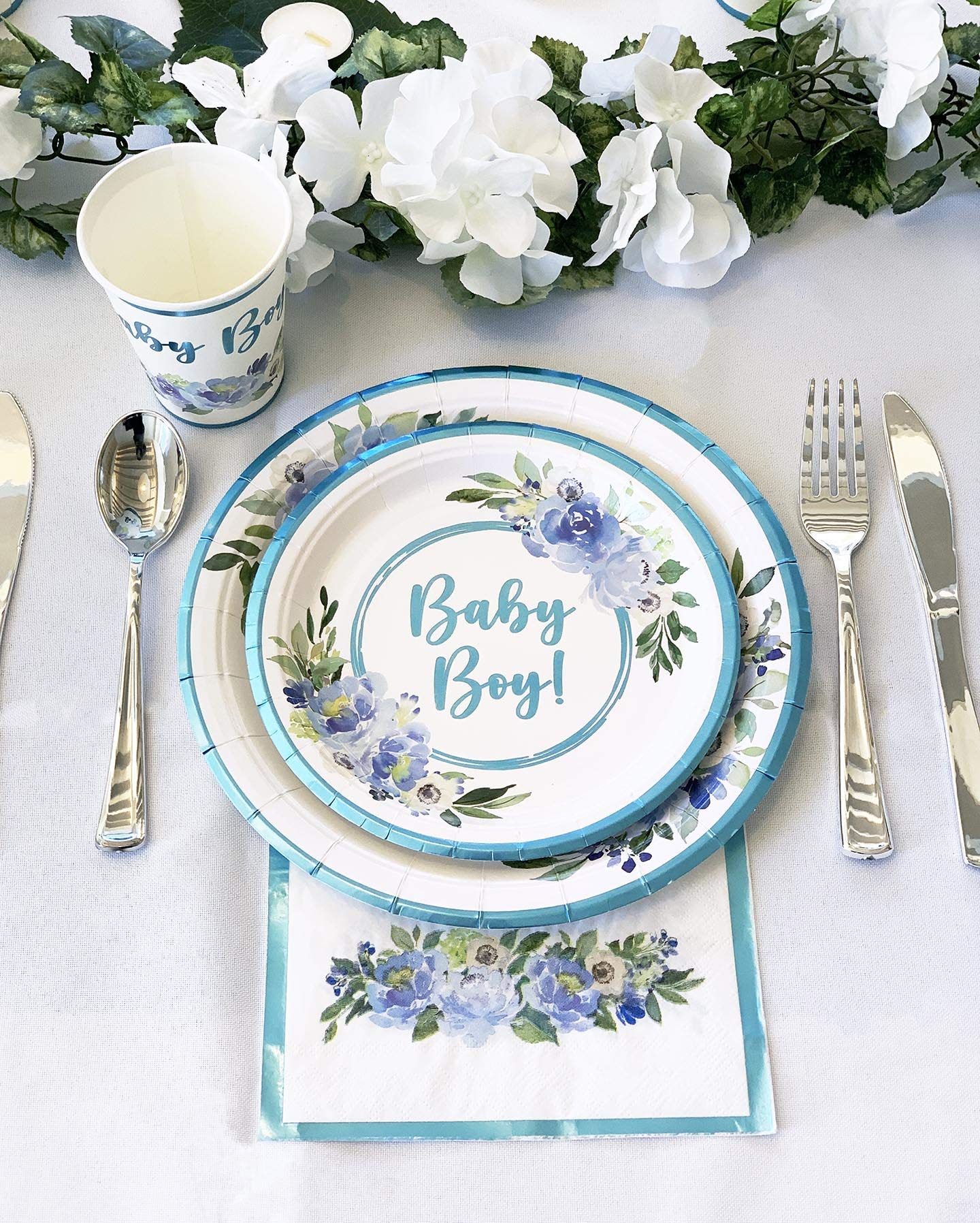 Baby Shower Plates and Napkins Set - 25-Piece Disposable Tableware with Light Blue Foil & Floral Design | Includes Dinner Plates, Dessert Plates, Cups & Napkins | Perfect for Baby Boy Showers, Gender Reveals & Nursery Themed Parties