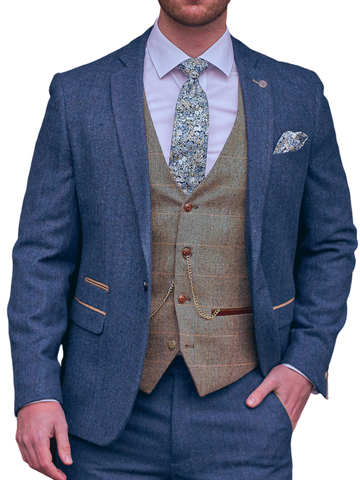 Marc Darcy Blue Tweed 3-Piece Wedding Suit with Brown Waistcoat | Formal Groom Attire for Weddings, Prom & Special Occasions