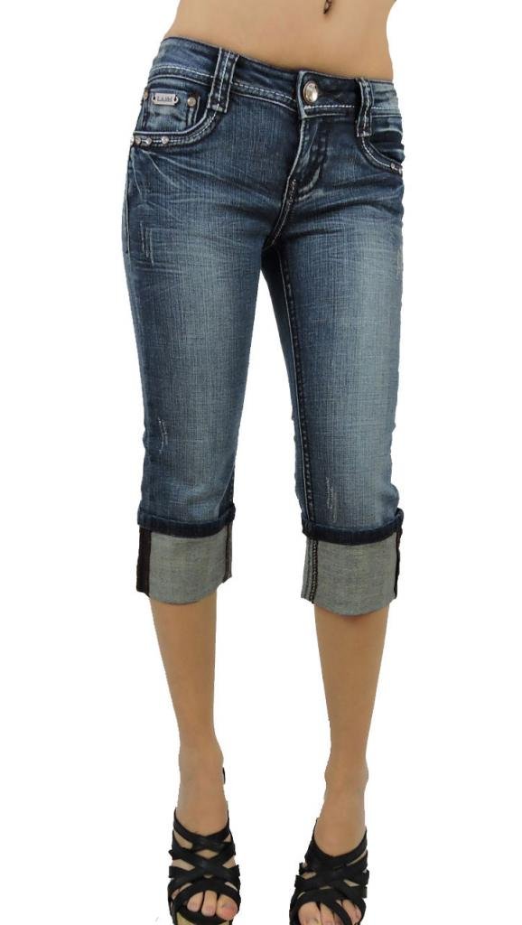 LA Idol Women's Capri Jeans with Angel Wing Crystal Embellishment - Vintage Blue Wash Stretch Denim for Casual Outfits & Summer Fashion