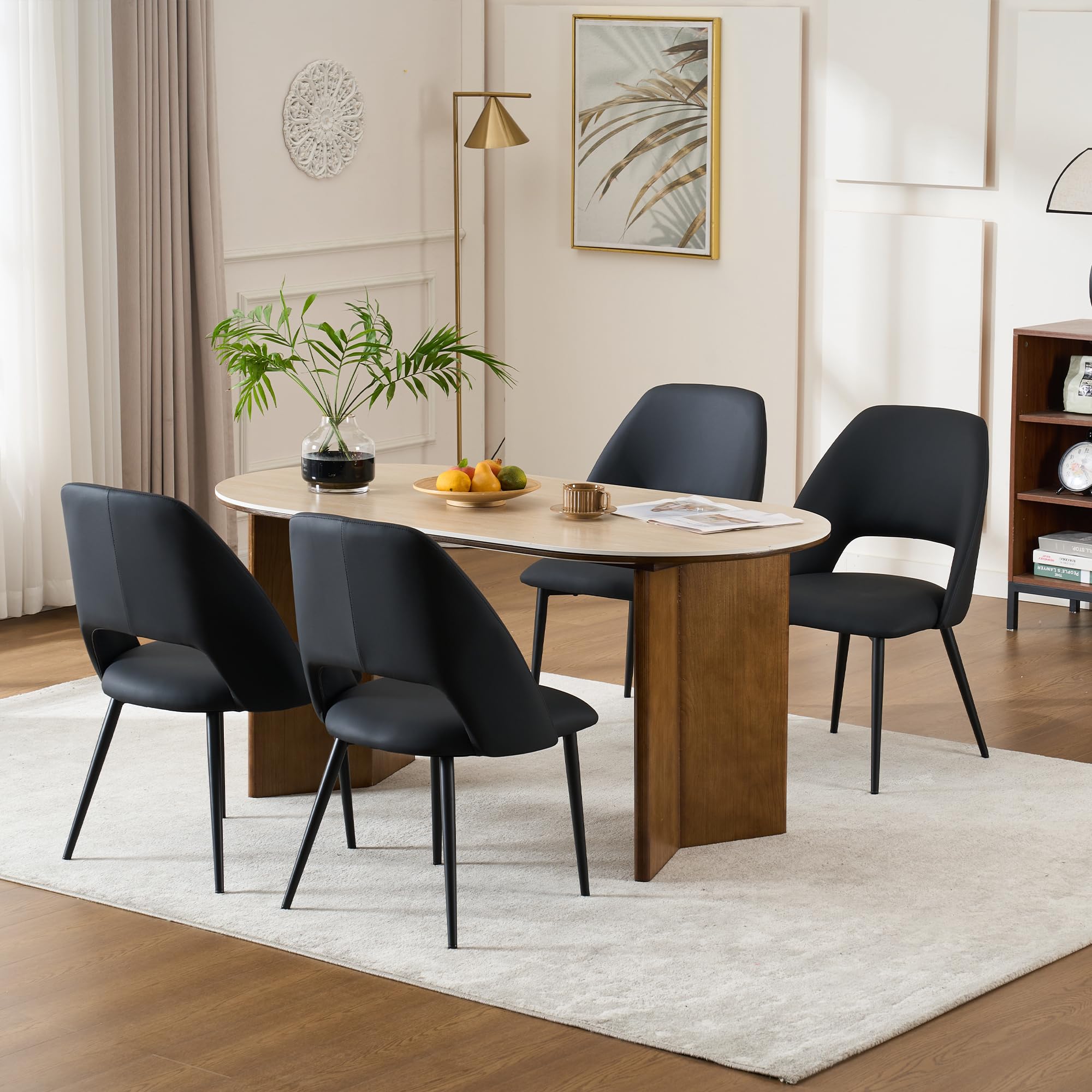 Rowill Mid Century Modern Dining Chairs Set of 2 - Black Faux Leather Upholstered Kitchen Chairs with Metal Legs for Dining Room, Living Room & Bedroom - Perfect for Small Spaces & Modern Home Decor