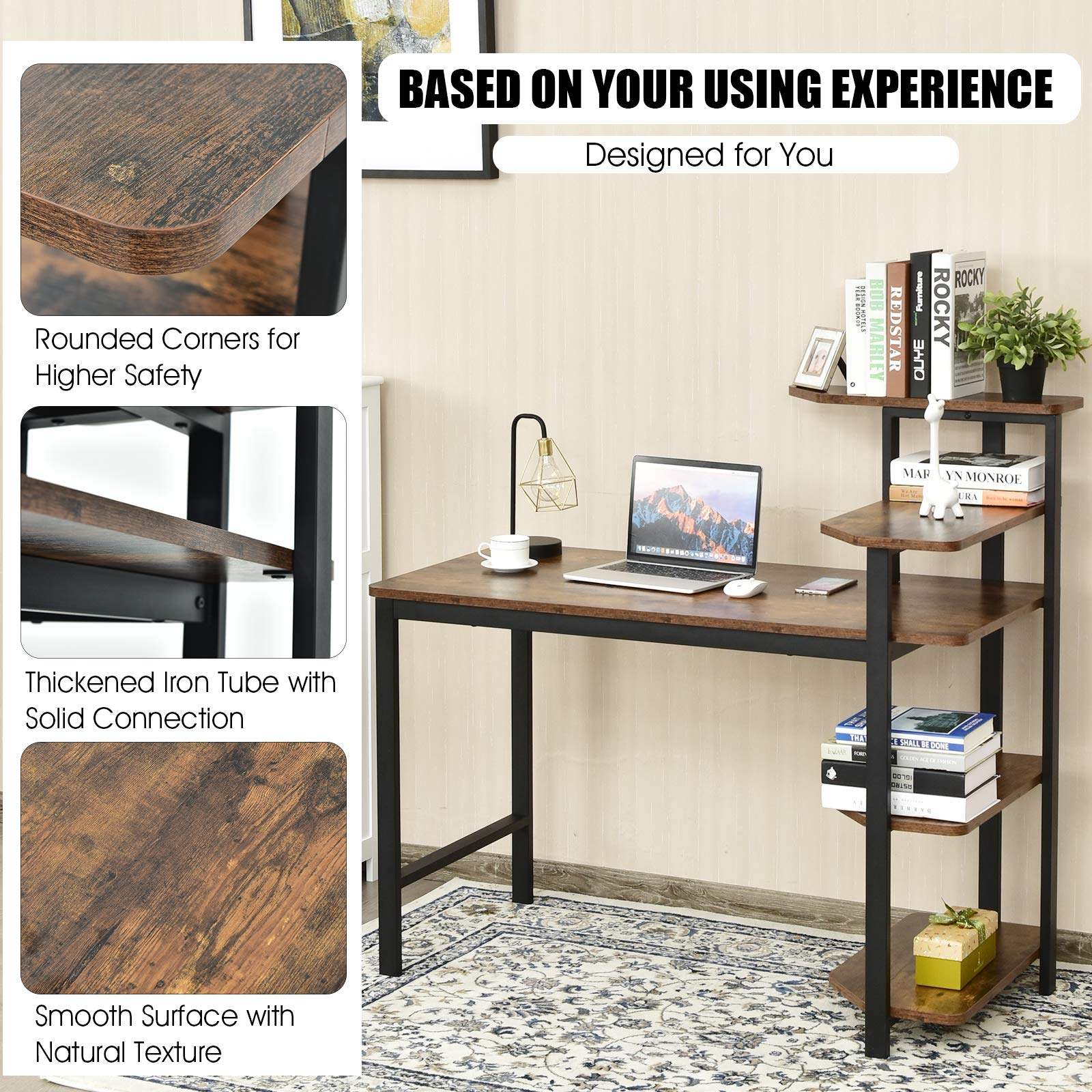 Tangkula 48 Inch Industrial Computer Desk with 4-Tier Storage Shelves - Sturdy Wooden Writing Study Table with Bookshelf, Spacious Work Surface & Metal Frame - Perfect for Home Office, Gaming Setup, and Remote Workstation
