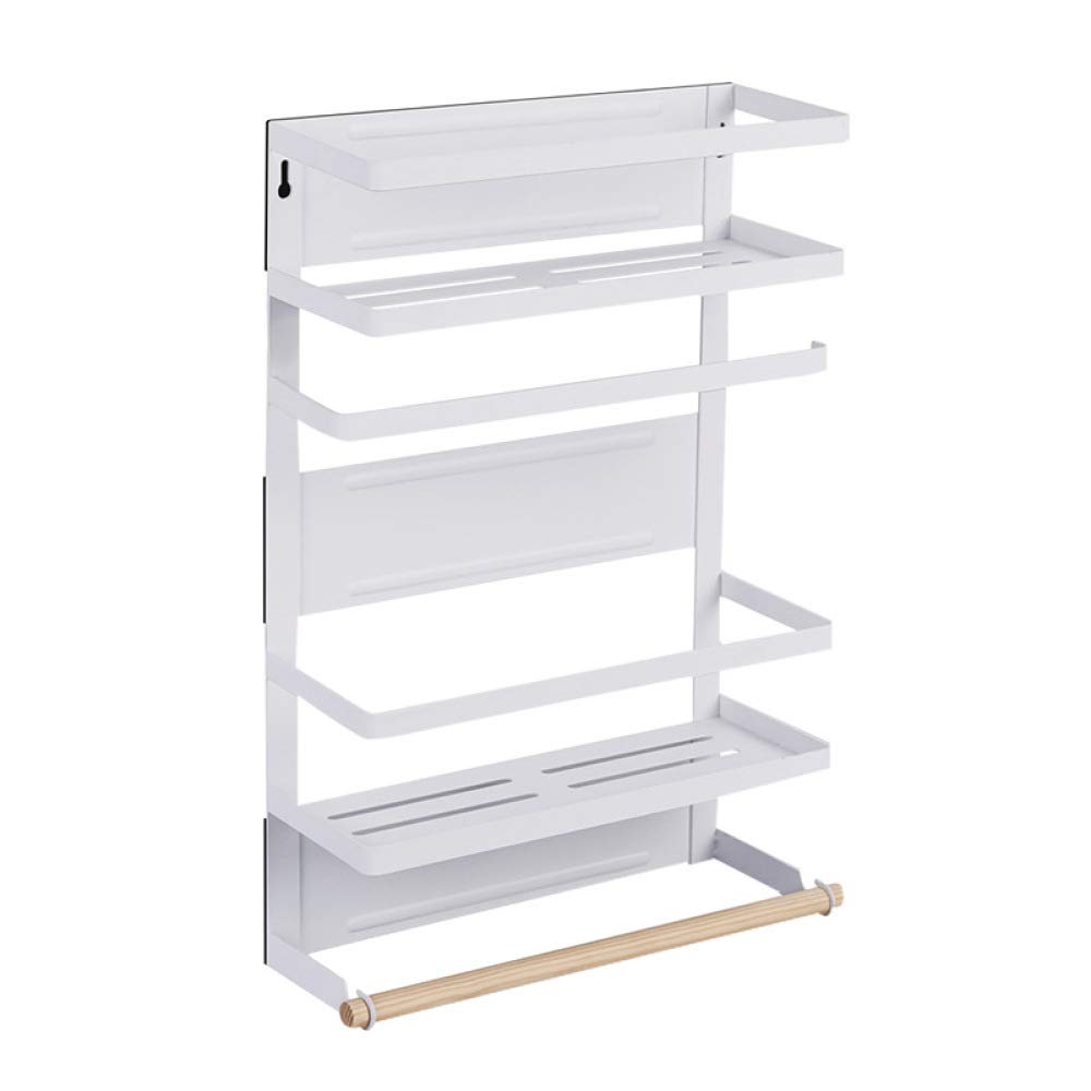 HUOQILIN 4-Tier Magnetic Spice Rack Organizer for Refrigerator - 5 Utility Hooks & Paper Towel Holder - Space Saving Kitchen Storage Solution (White) - Perfect for Small Kitchens, Apartments & Dorm Rooms