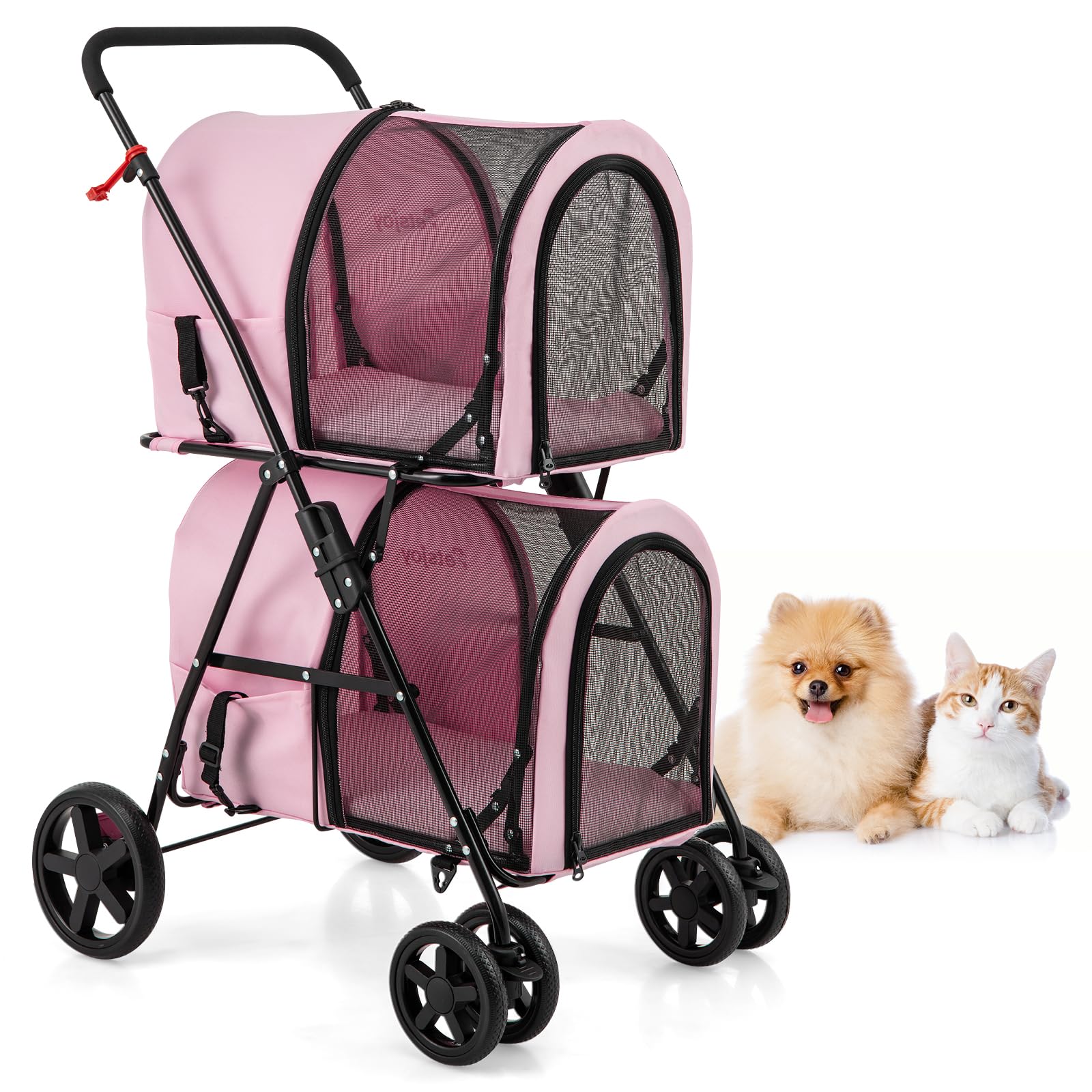 PETSITE Double Dog Stroller - Foldable Pet Carrier for 2 Small/Medium Dogs & Cats with Detachable Wheels - Jogger Stroller Crate for Car Seat, Walking, Camping & Travel - Ideal for Park Visits, Vet Trips & Outdoor Adventures (Pink)