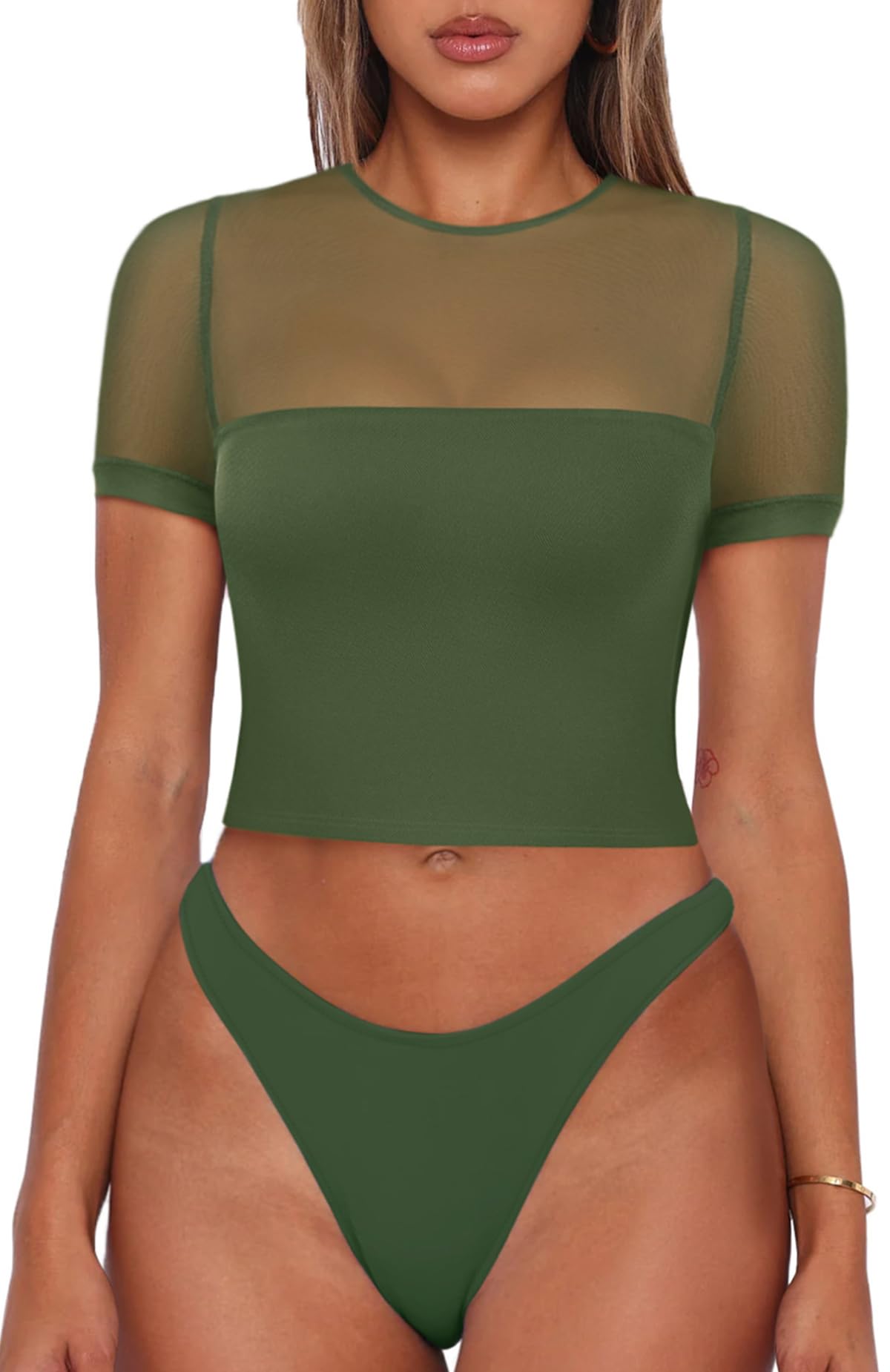 REORIA Women's Sexy Crew Neck Short Sleeve Mesh Crop Top T-Shirt - Summer Trendy Slim Fit Sheer Tee for Going Out, Party, Beach & Casual Wear