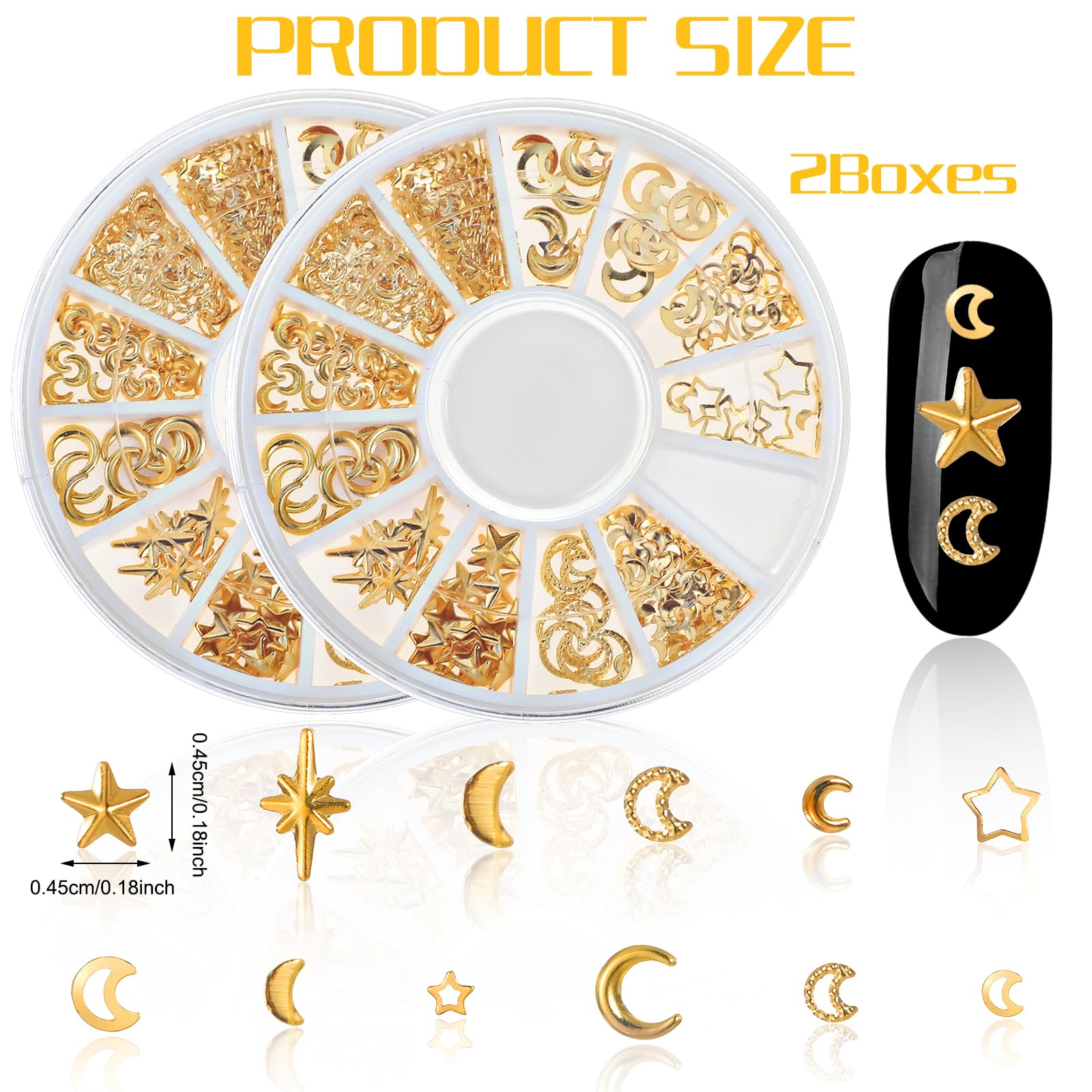 2 Boxes Gold Nail Charms Set - Star & Moon 3D Nail Art Studs, Sparkling Alloy Nail Decorations, Mini Nail Accessories for Professional Manicure | Perfect for Nail Salons, DIY Nail Art, Parties and Special Occasions