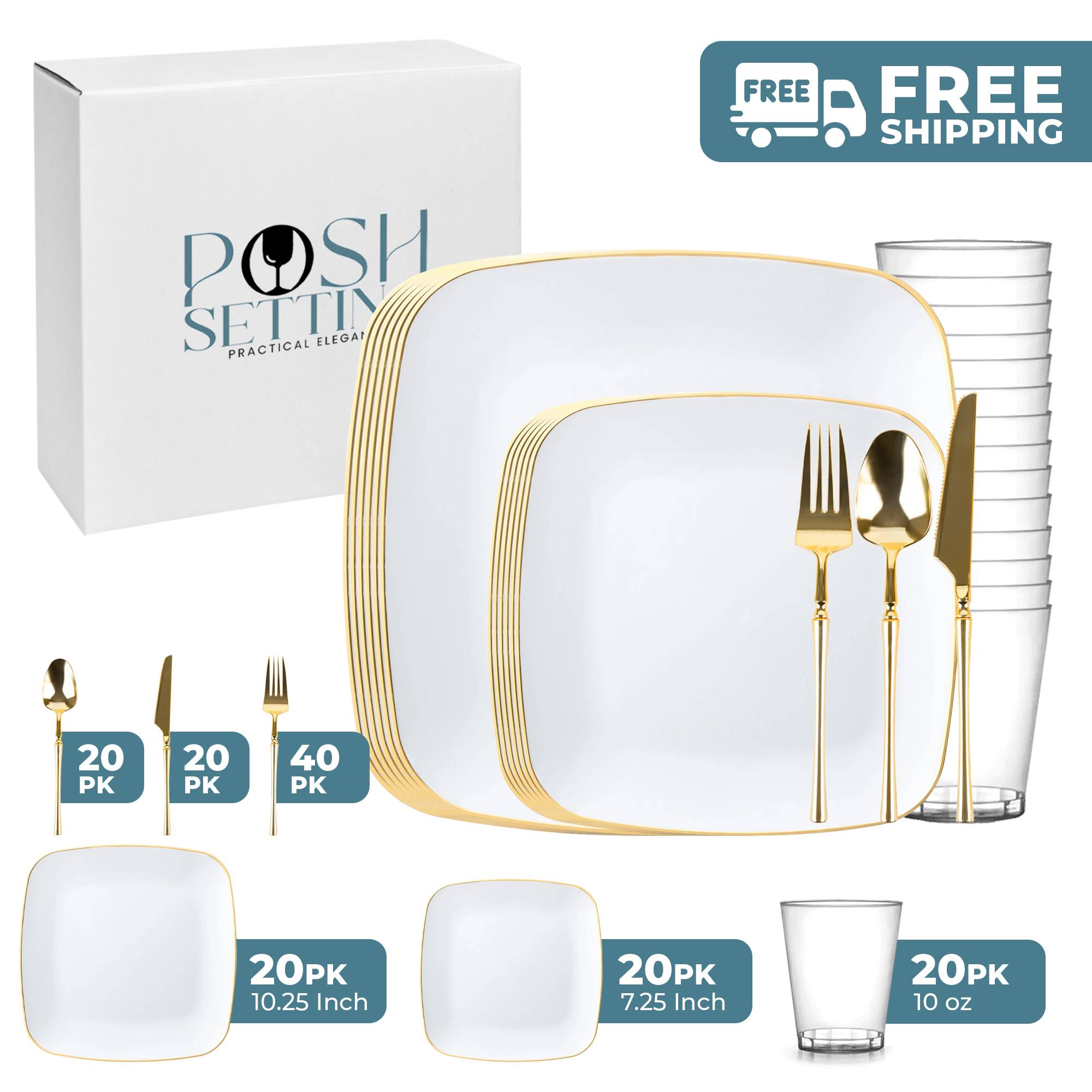 White and Gold Plastic Party Bundle - Classic Square Disposable Plates, Cups & Cutlery Set for Birthday, Wedding & Holiday Celebrations