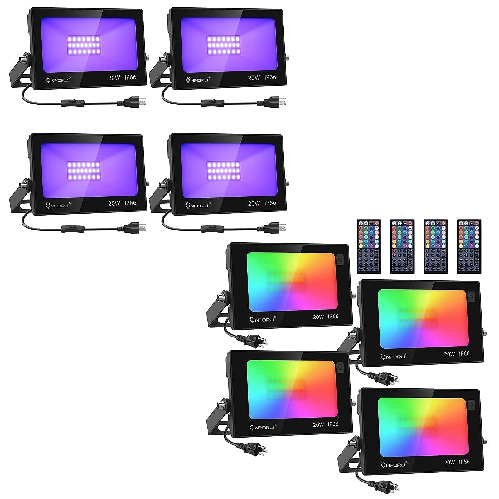 Onforu 4 Pack LED Black Lights & RGB LED Flood Lights with Plug, IP66 Waterproof Indoor/Outdoor Uplights for Events, Dance Parties, Stage Lighting - Perfect for Halloween, Glow Parties, Neon Nights & Backyard Gatherings