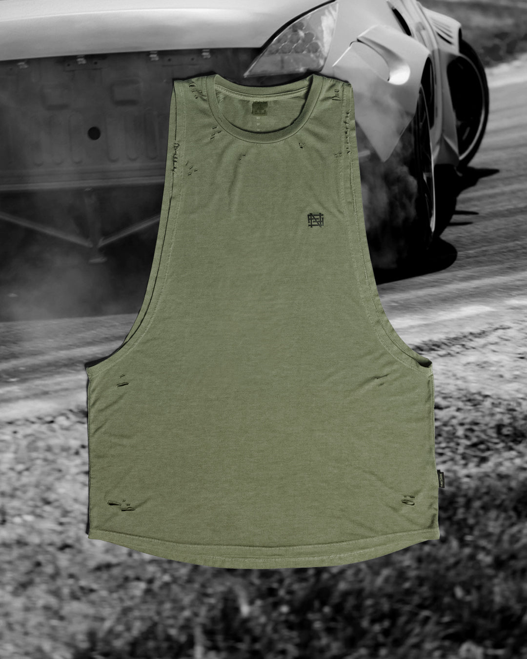 Men's Moto Distressed Muscle Tank Top - Olive Green | Vintage Biker Style Workout & Gym Shirt for Casual Wear & Street Fashion