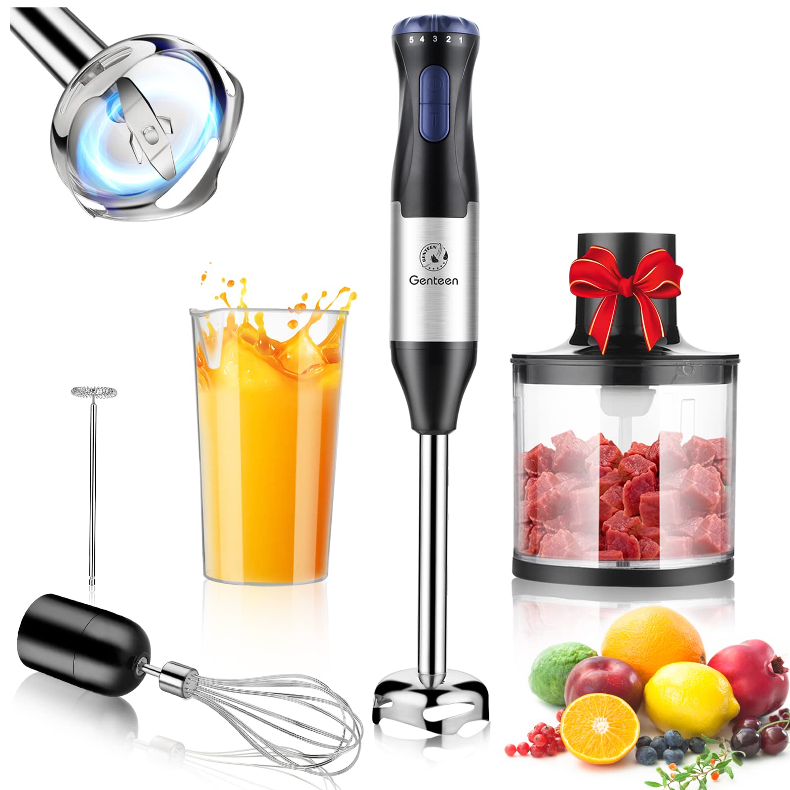 Genteen 5-in-1 Immersion Blender 1000W - Powerful Handheld Blender with Stainless Steel Stick, Beaker, Chopper, Whisk & Frother - Perfect for Baby Food, Smoothies, Sauces, Puree & Kitchen Prep - Ideal for Home Cooking, Meal Prep & Healthy Blending