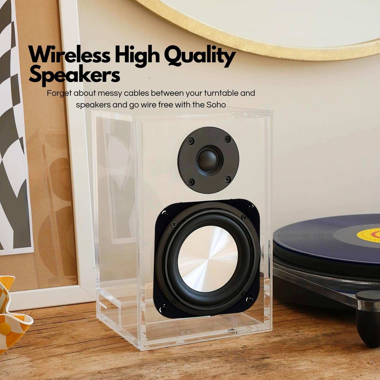 Steepletone Soho Clear Acrylic Wireless Record Player with 2-Speed Turntable, Counter Weight & AT-3600L Cartridge - Perfect for Home Entertainment & Vinyl Collectors