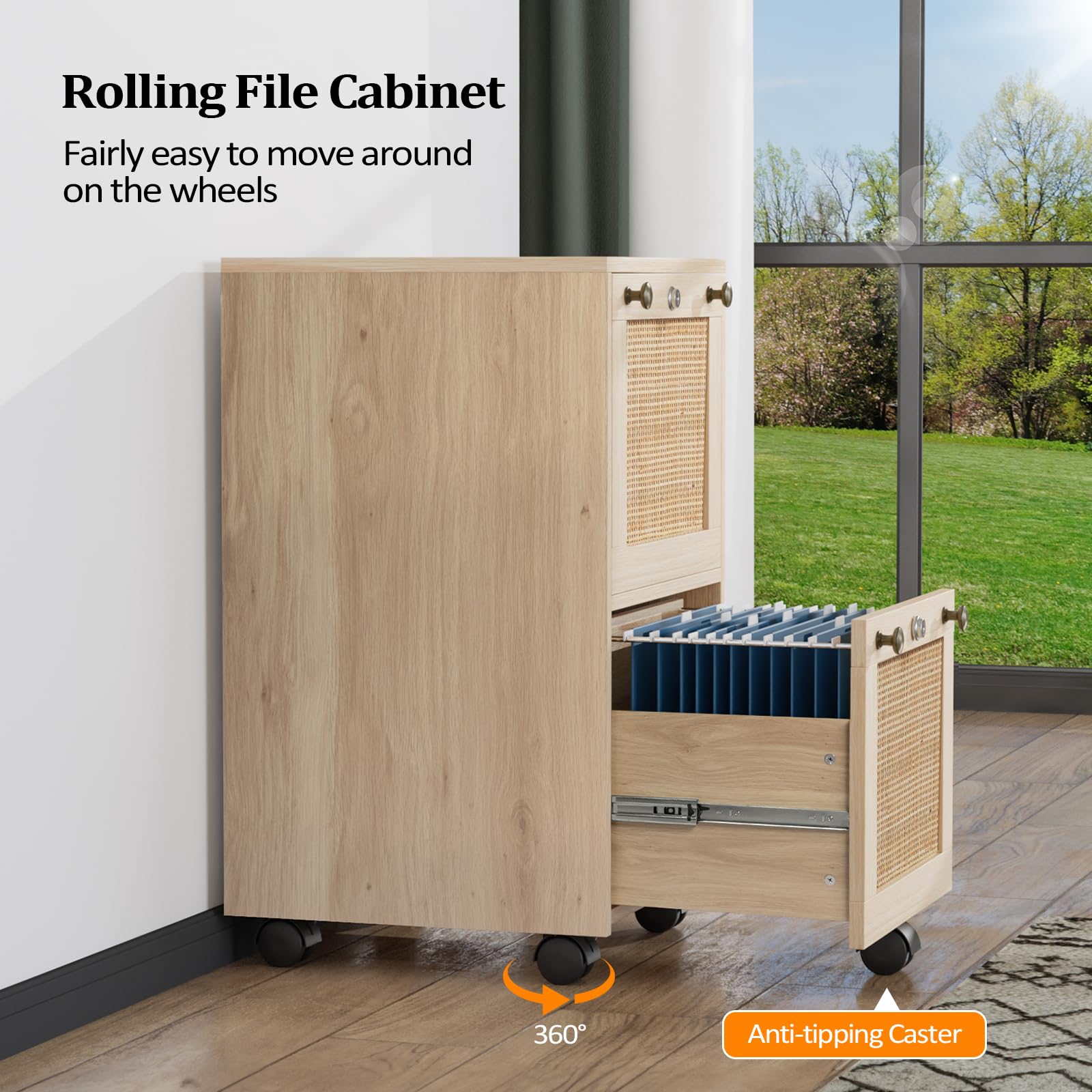 VINGLI 2-Drawer Locking File Cabinet with Wheels - Rolling Office Storage for Home & Workspace, Small Wood Rattan Oak File Organizer Under Desk, Printer Stand for Folders with Tabs - Perfect for Home Office, Study Room & Small Business Organization